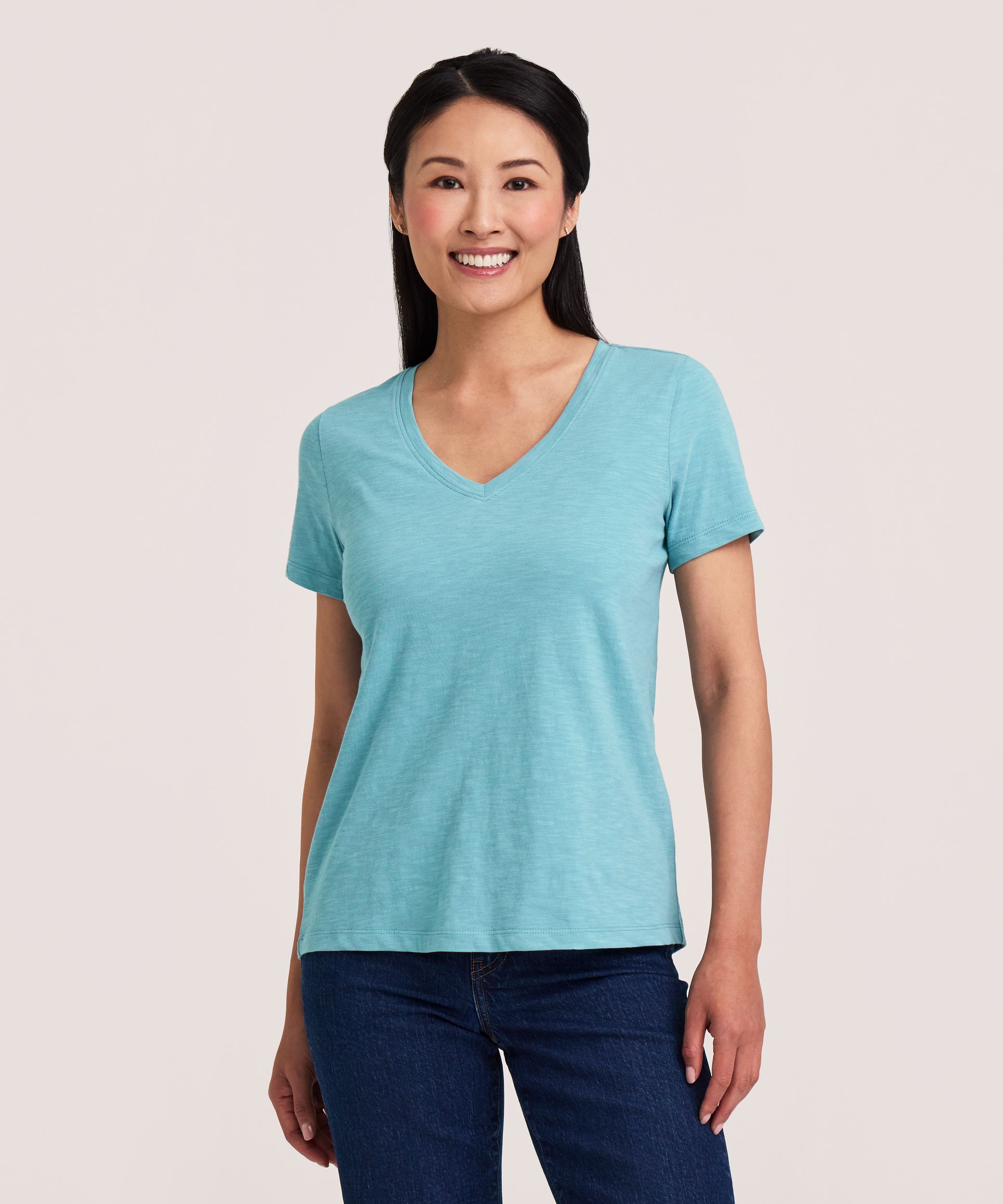 T-shirt en coton flammé à encolure en V et à manches courtes pour femmes, Denver Hayes