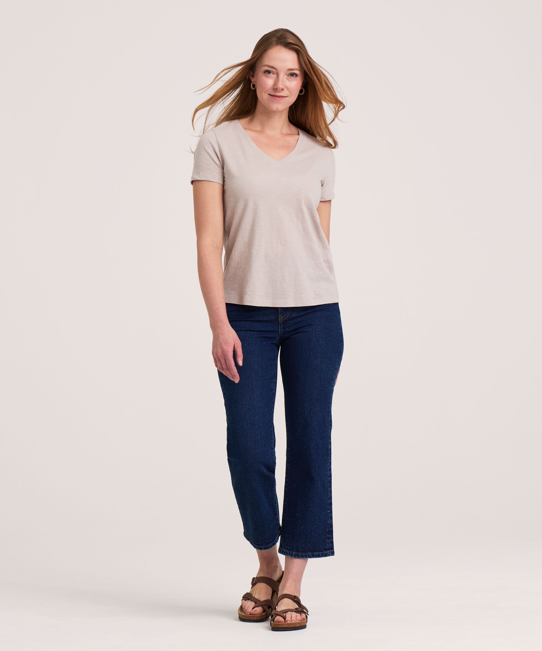 T-shirt en coton flammé à encolure en V et à manches courtes pour femmes, Denver Hayes