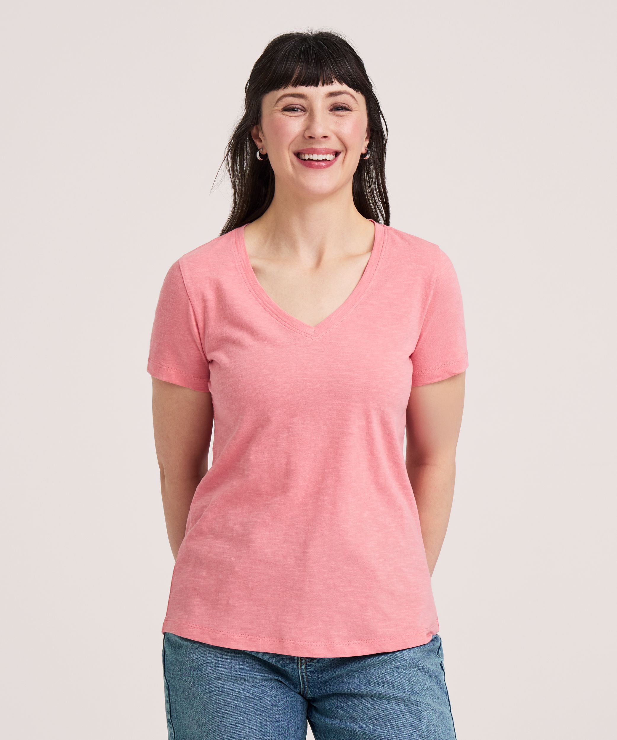 T-shirt en coton flammé à encolure en V et à manches courtes pour femmes, Denver Hayes