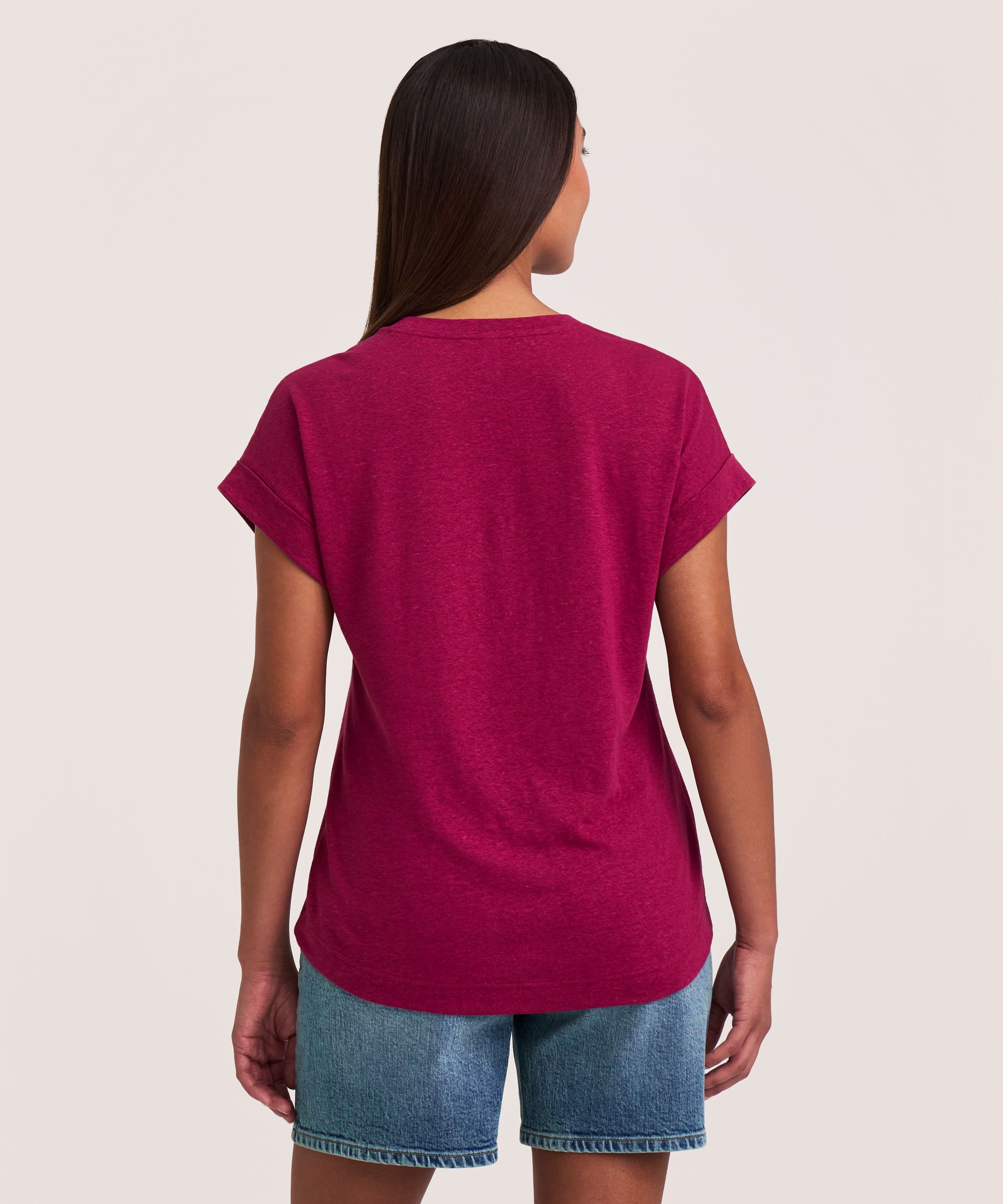 Denver Hayes Women's High Round Neck Linen T-Shirt