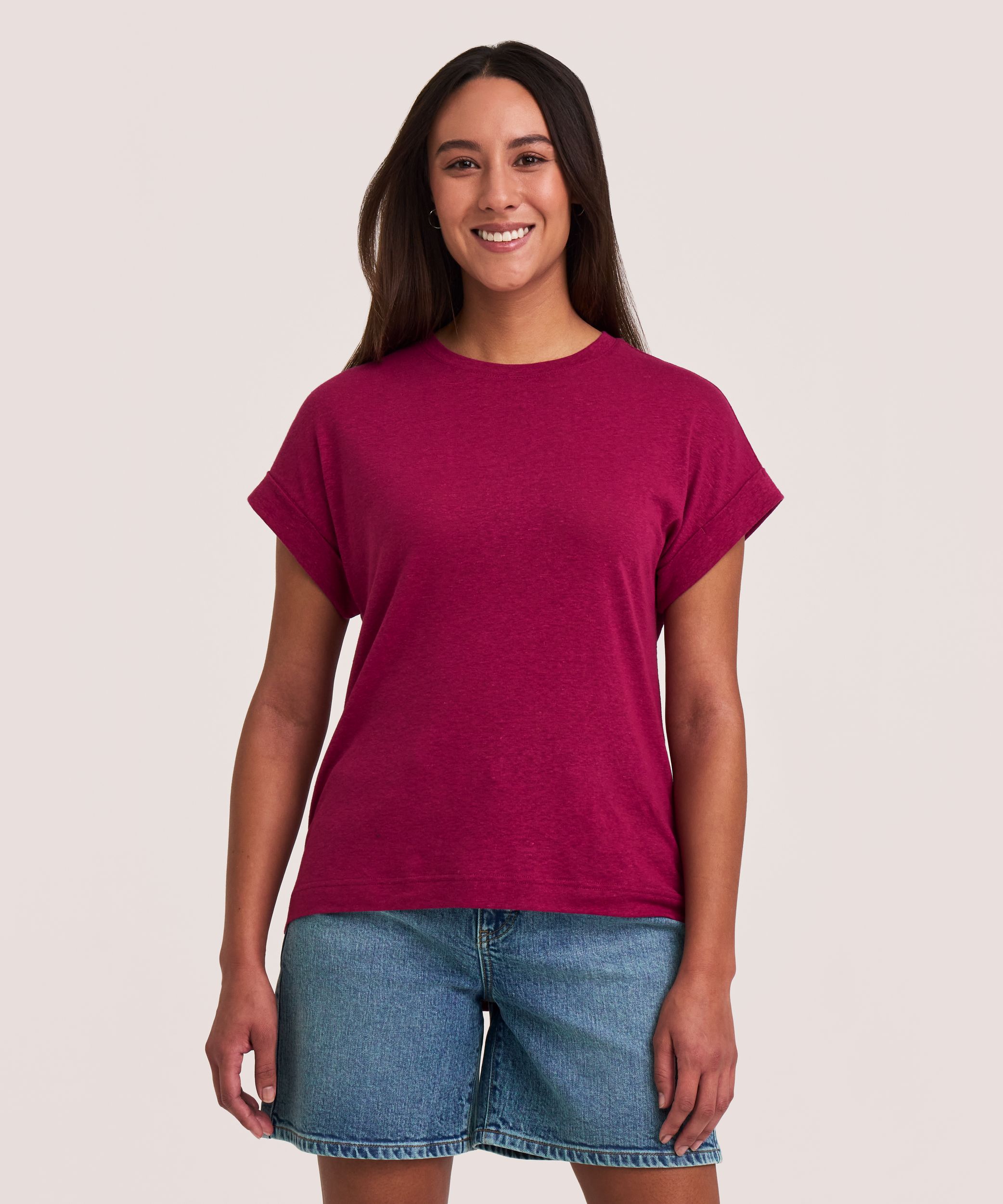 Denver Hayes Women's High Round Neck Linen T-Shirt