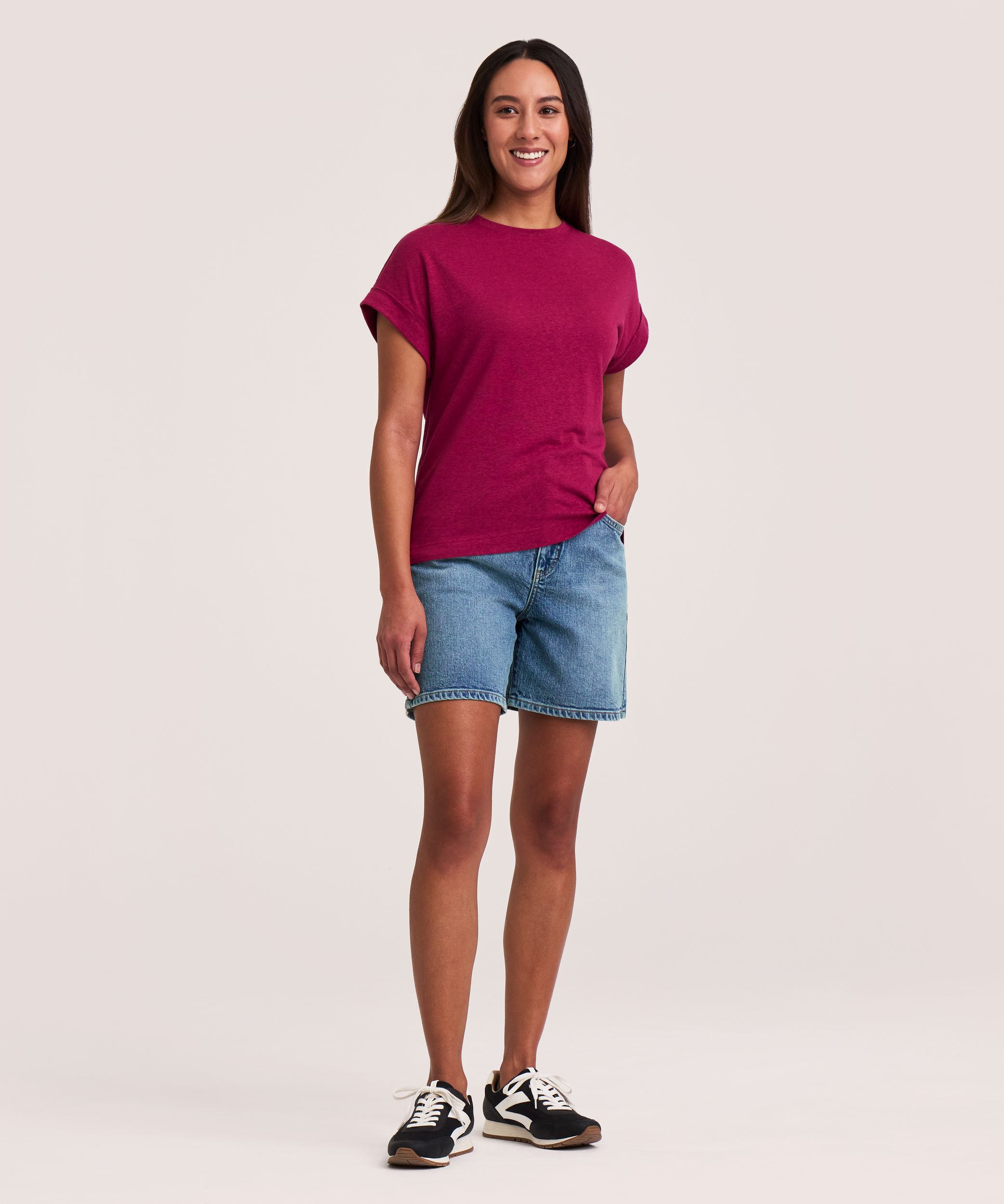 Denver Hayes Women's High Round Neck Linen T-Shirt