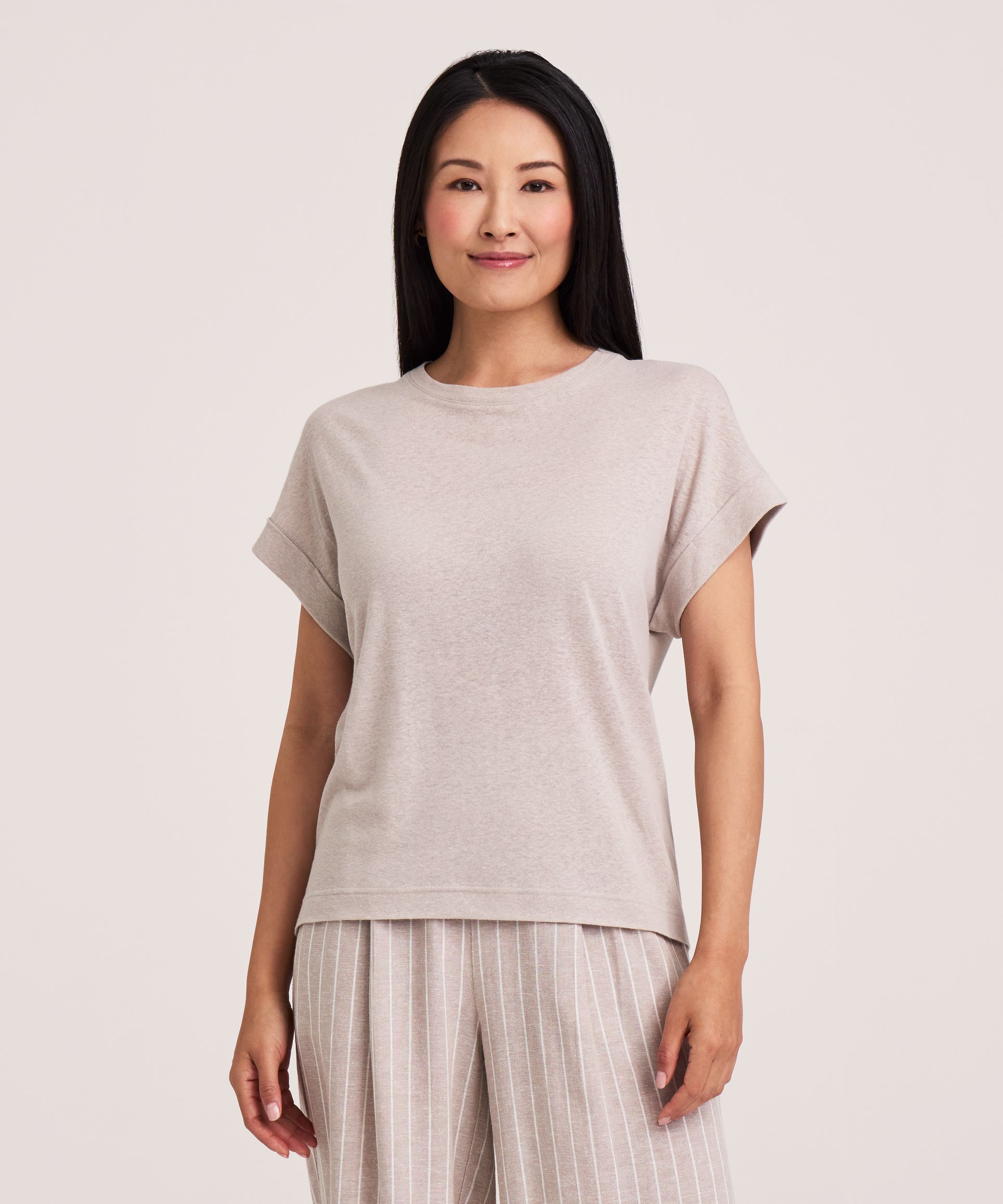 Denver Hayes Women's High Round Neck Linen T-Shirt