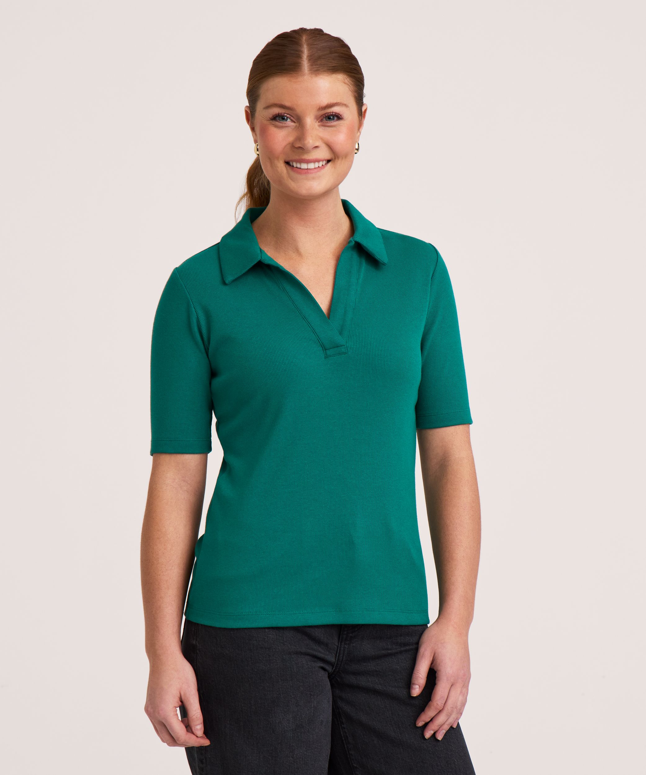 Chemise semi-ajustée à col Johnny et à manches au coude pour femmes, Denver Hayes