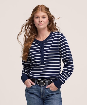 Denver Hayes Women's Cotton Long Sleeve Jersey Button Placket Henley