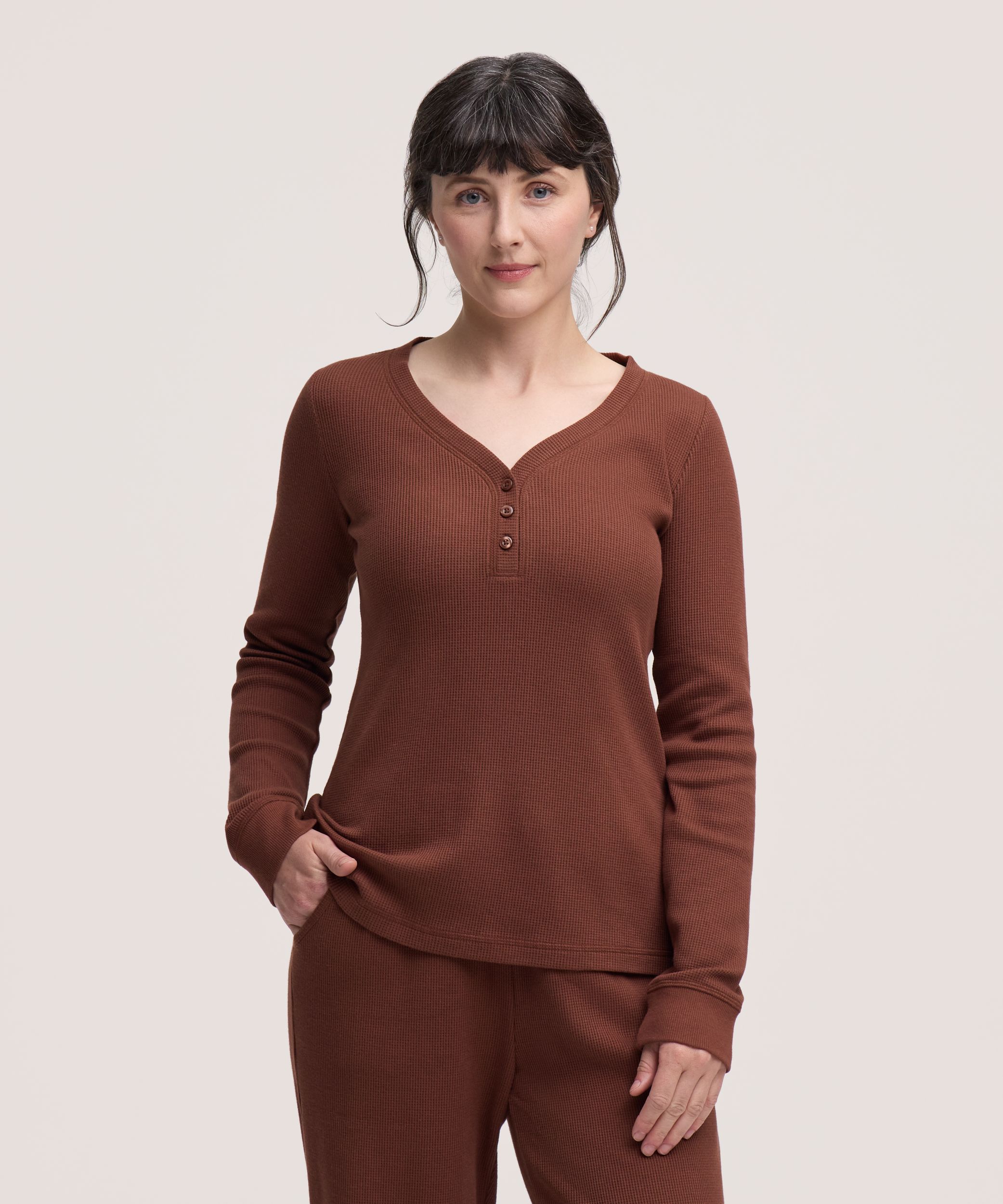 Denver Hayes Women's Long Sleeve Waffle Henley Shirt