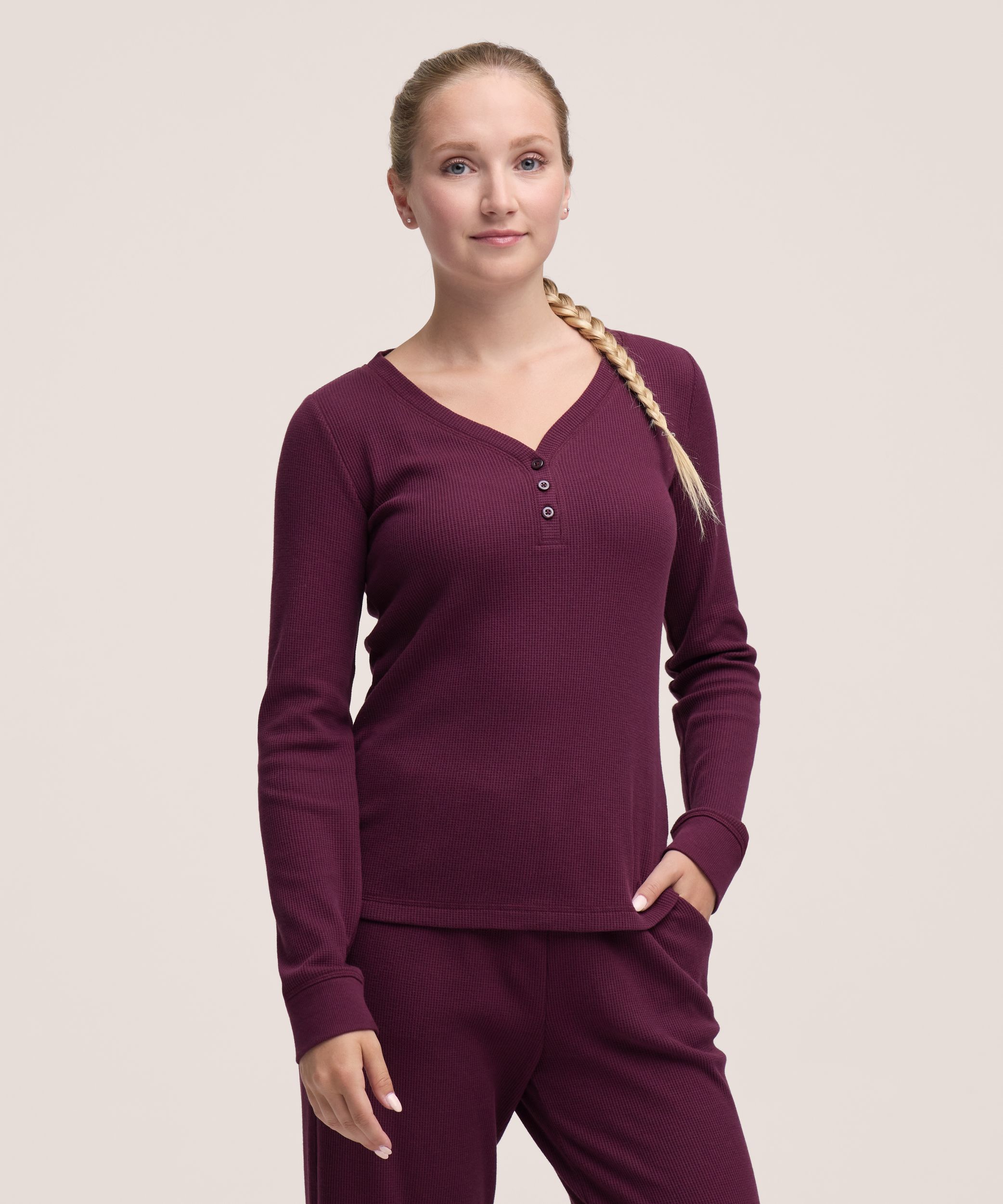 Denver Hayes Women's Long Sleeve Waffle Henley Shirt