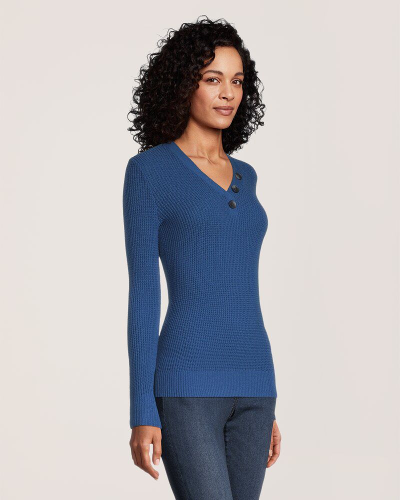 Denver Hayes Women's Fitted Long Sleeve V Neck Waffle Henley Pullover Sweater