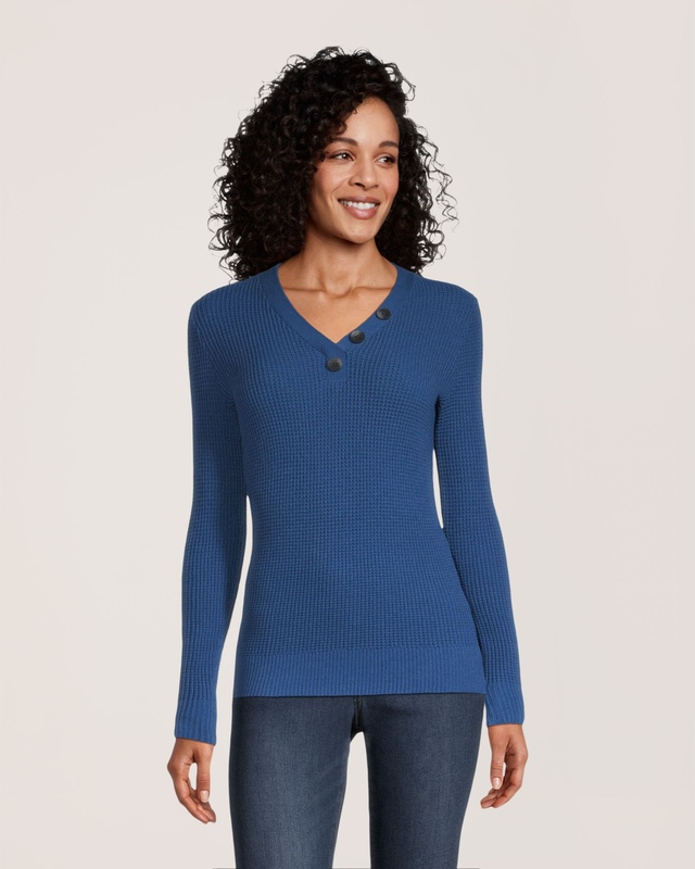 Denver Hayes Women's Fitted Long Sleeve V Neck Waffle Henley Pullover Sweater