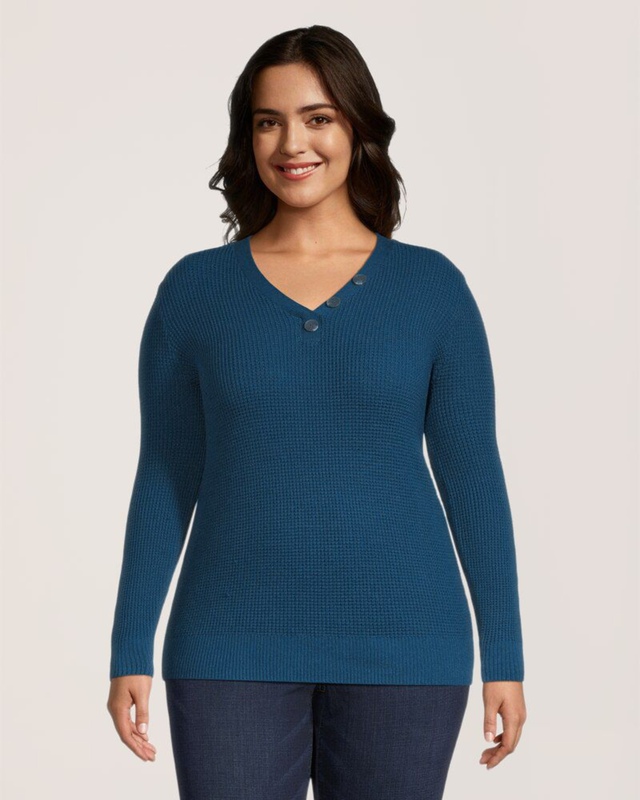 Denver Hayes Women's Fitted Long Sleeve V Neck Waffle Henley Pullover Sweater