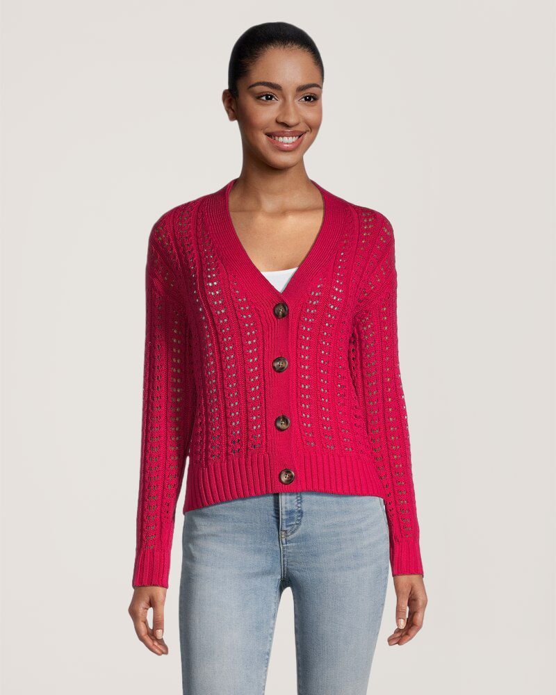 Denver Hayes Women's Semi Fitted Drop Shoulder Button Up Cardigan