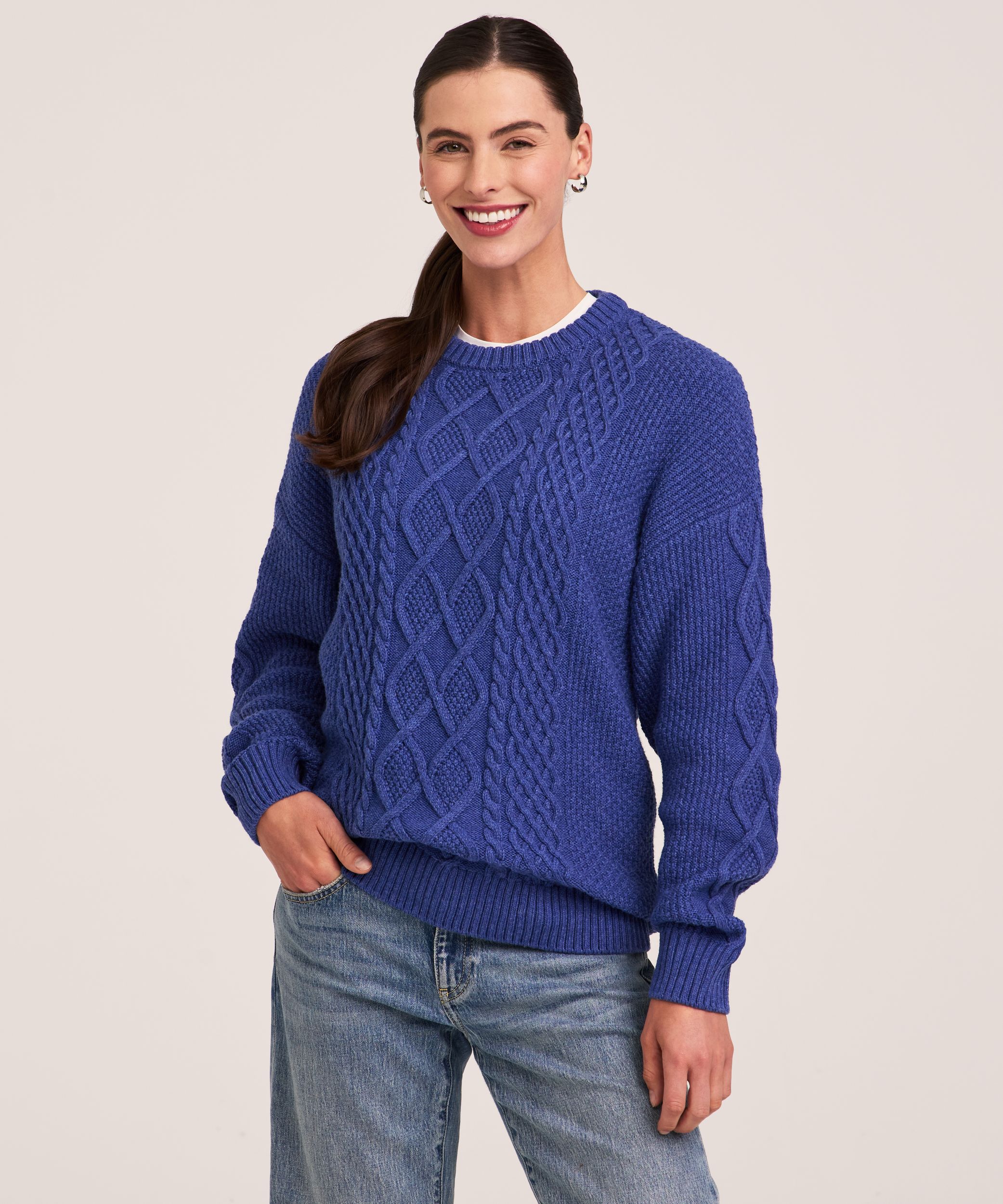 WindRiver Women's Cotton Blend Cable Crewneck Pullover Sweater