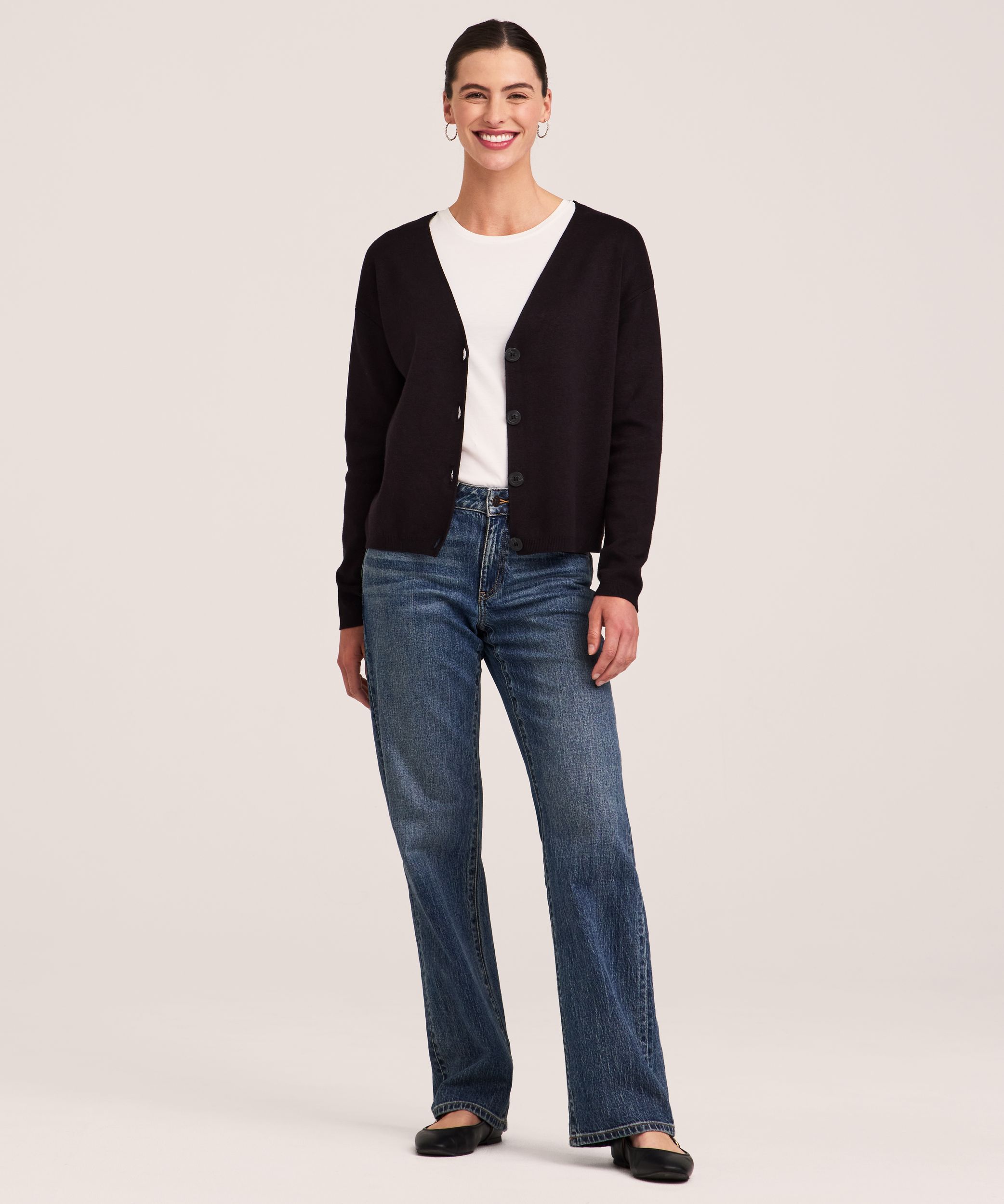 Denver Hayes Women's Double Knit Cropped Button-Up Cardigan