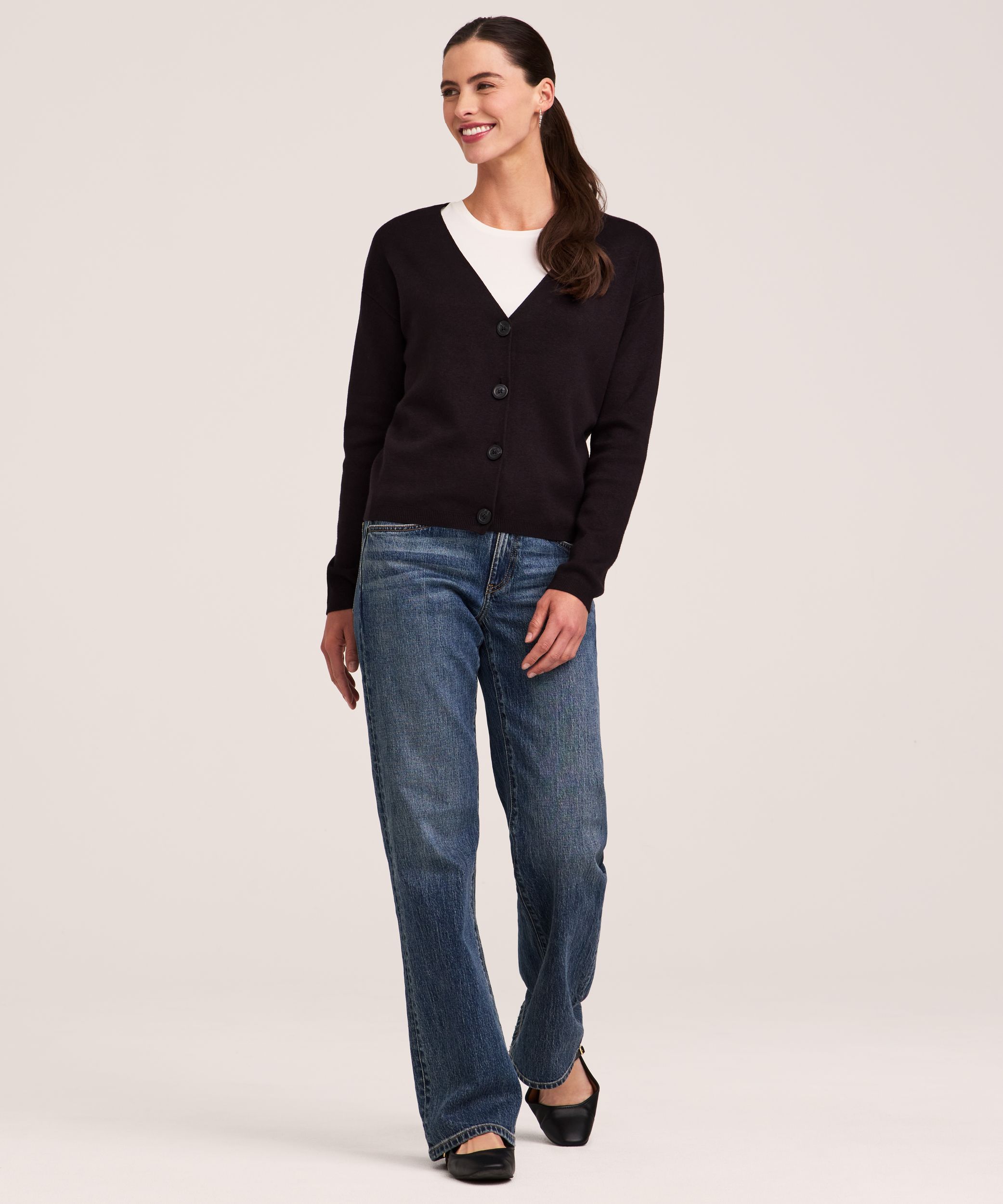 Denver Hayes Women's Double Knit Cropped Button-Up Cardigan