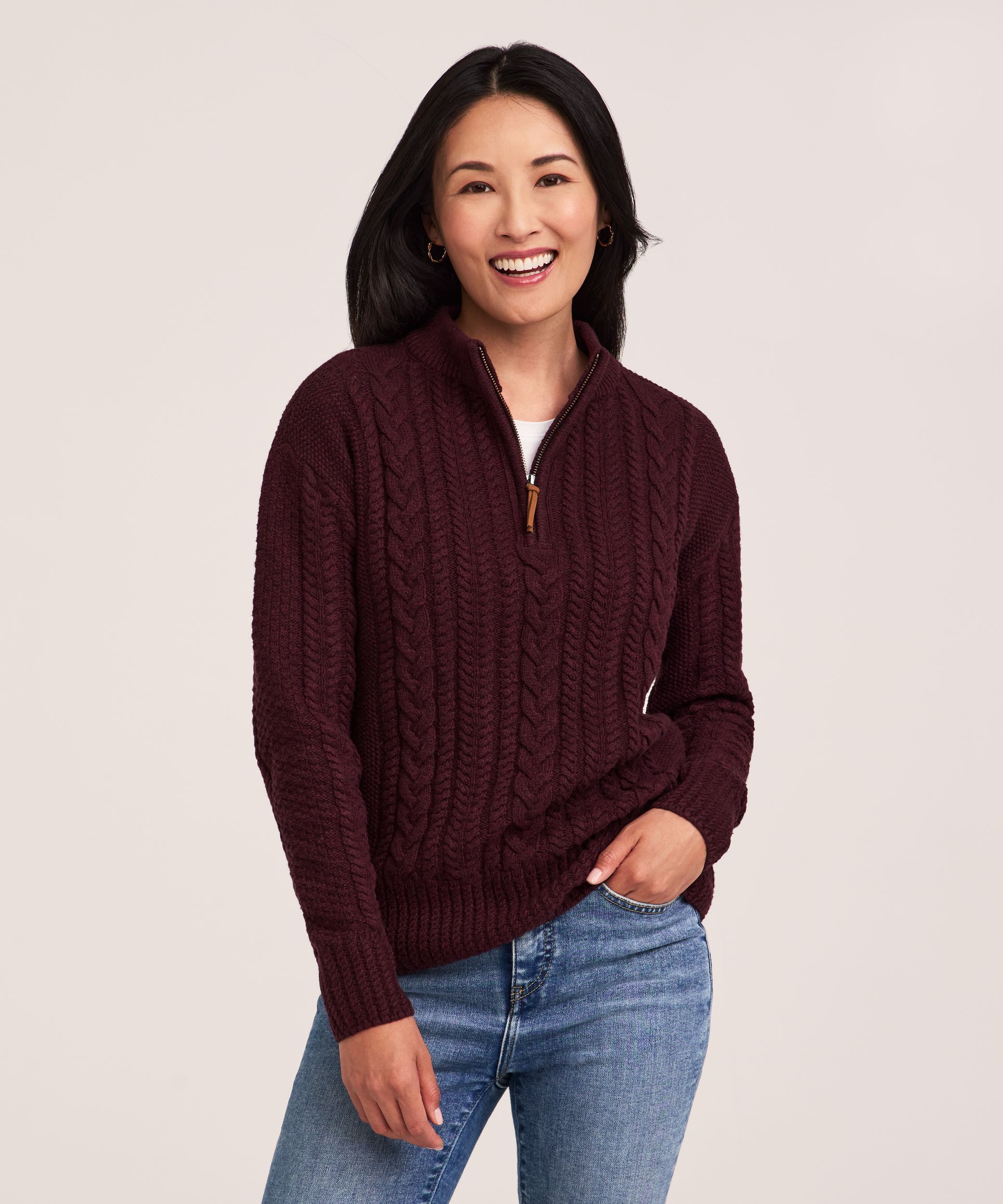 Chandail à glissière 1/4 en mélange de coton à point de torsade pour femmes, WindRiver