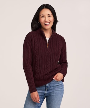 Chandail à glissière 1/4 en mélange de coton à point de torsade pour femmes, WindRiver
