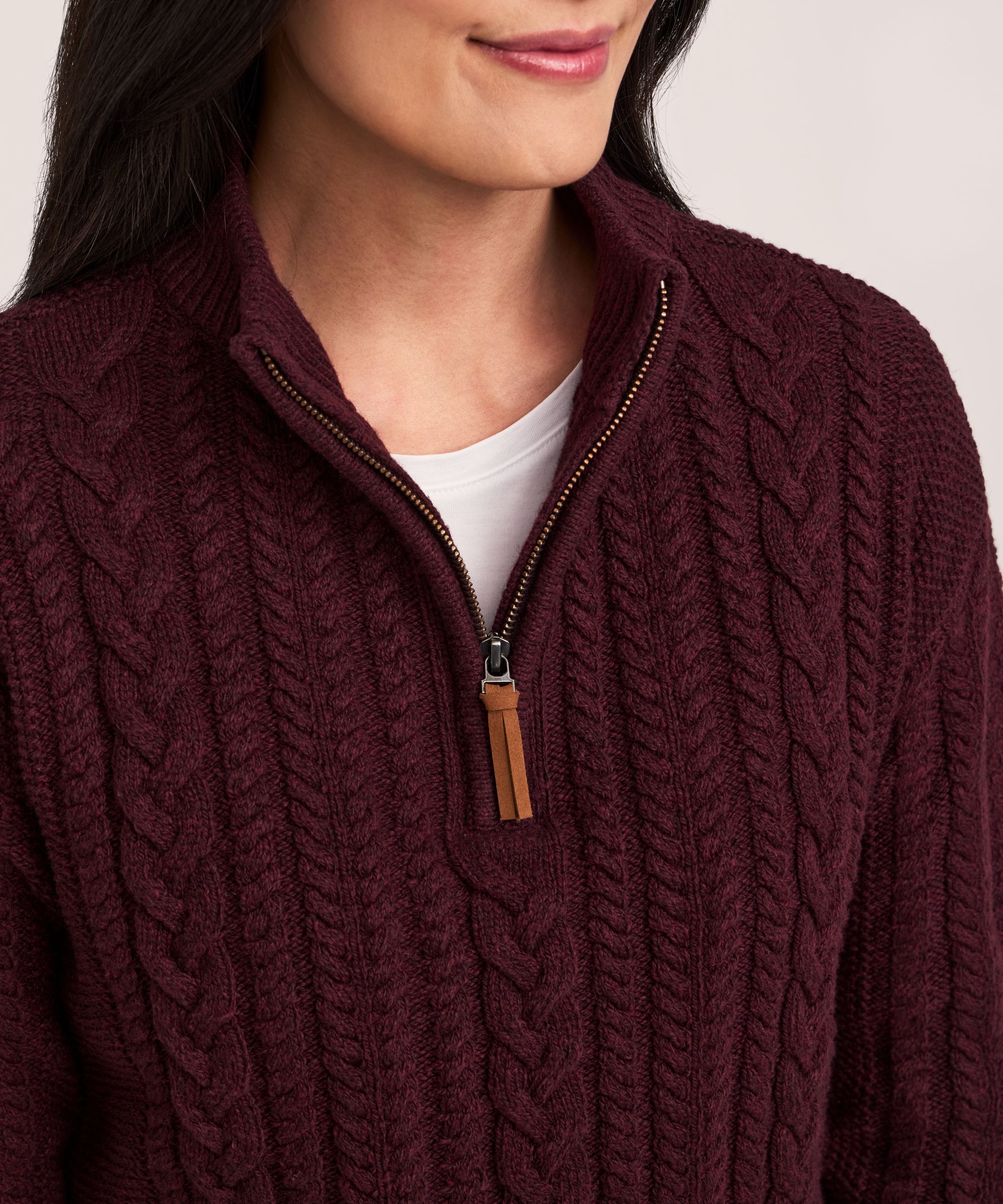 Chandail à glissière 1/4 en mélange de coton à point de torsade pour femmes, WindRiver