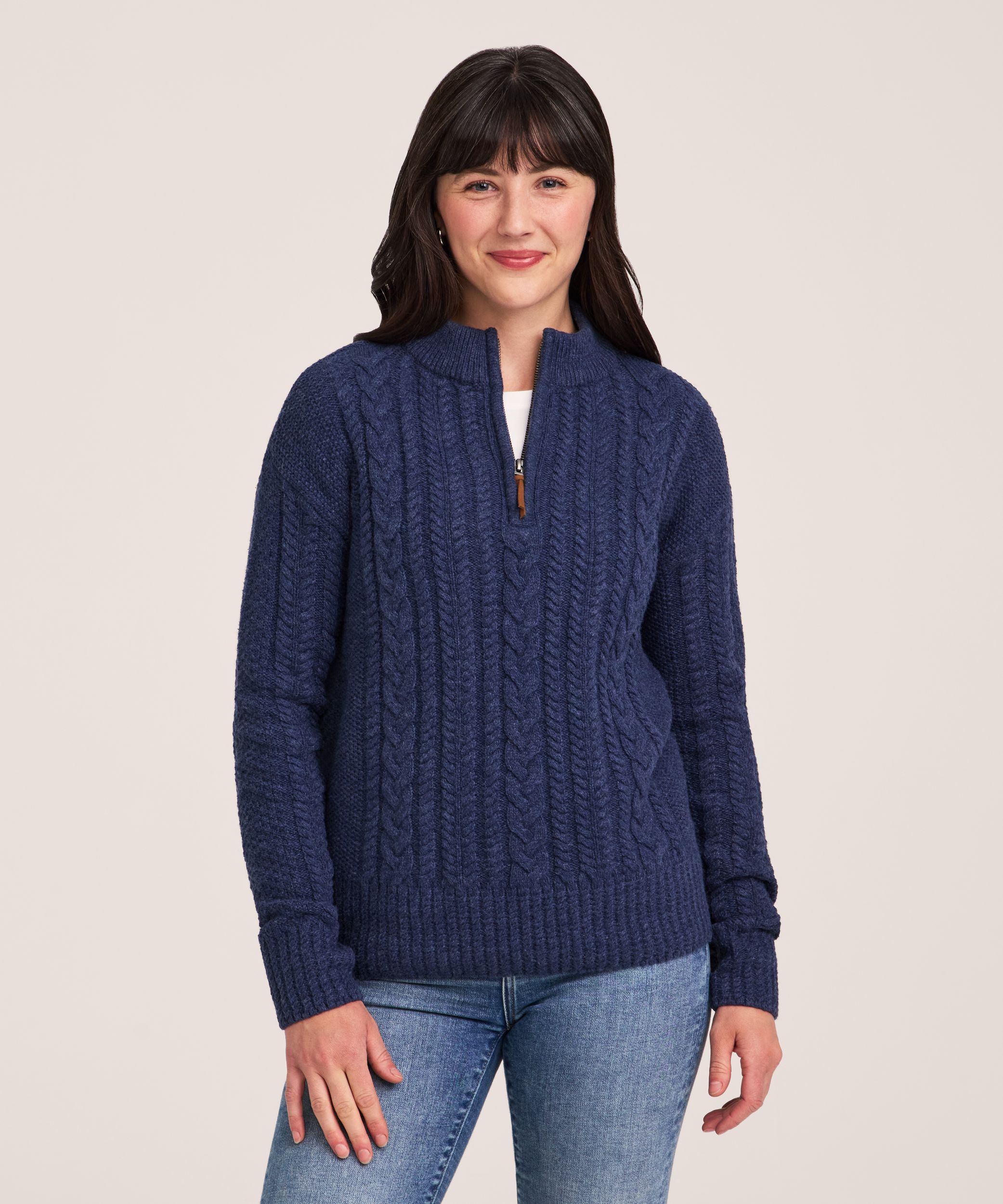 Chandail à glissière 1/4 en mélange de coton à point de torsade pour femmes, WindRiver