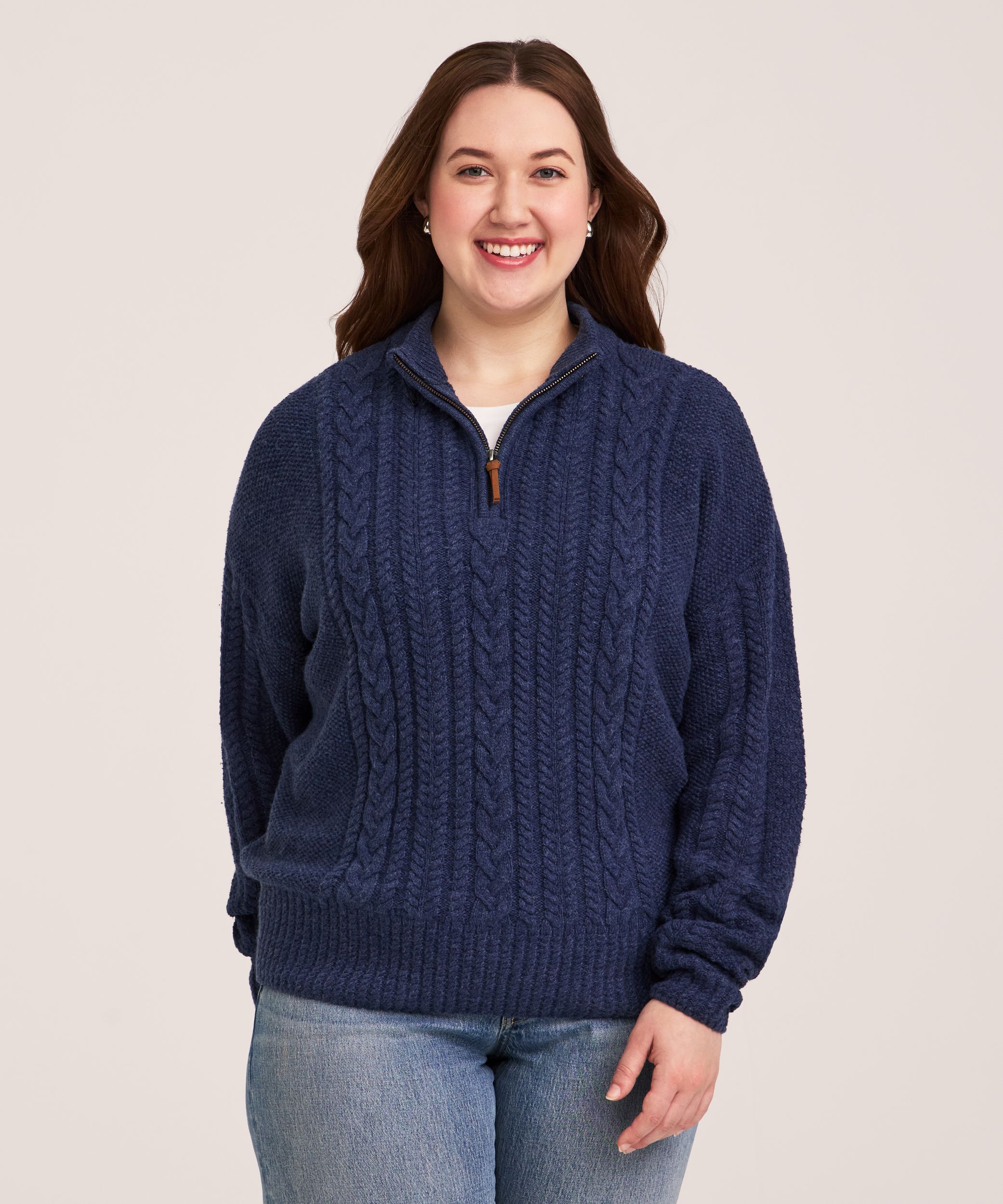 Chandail à glissière 1/4 en mélange de coton à point de torsade pour femmes, WindRiver