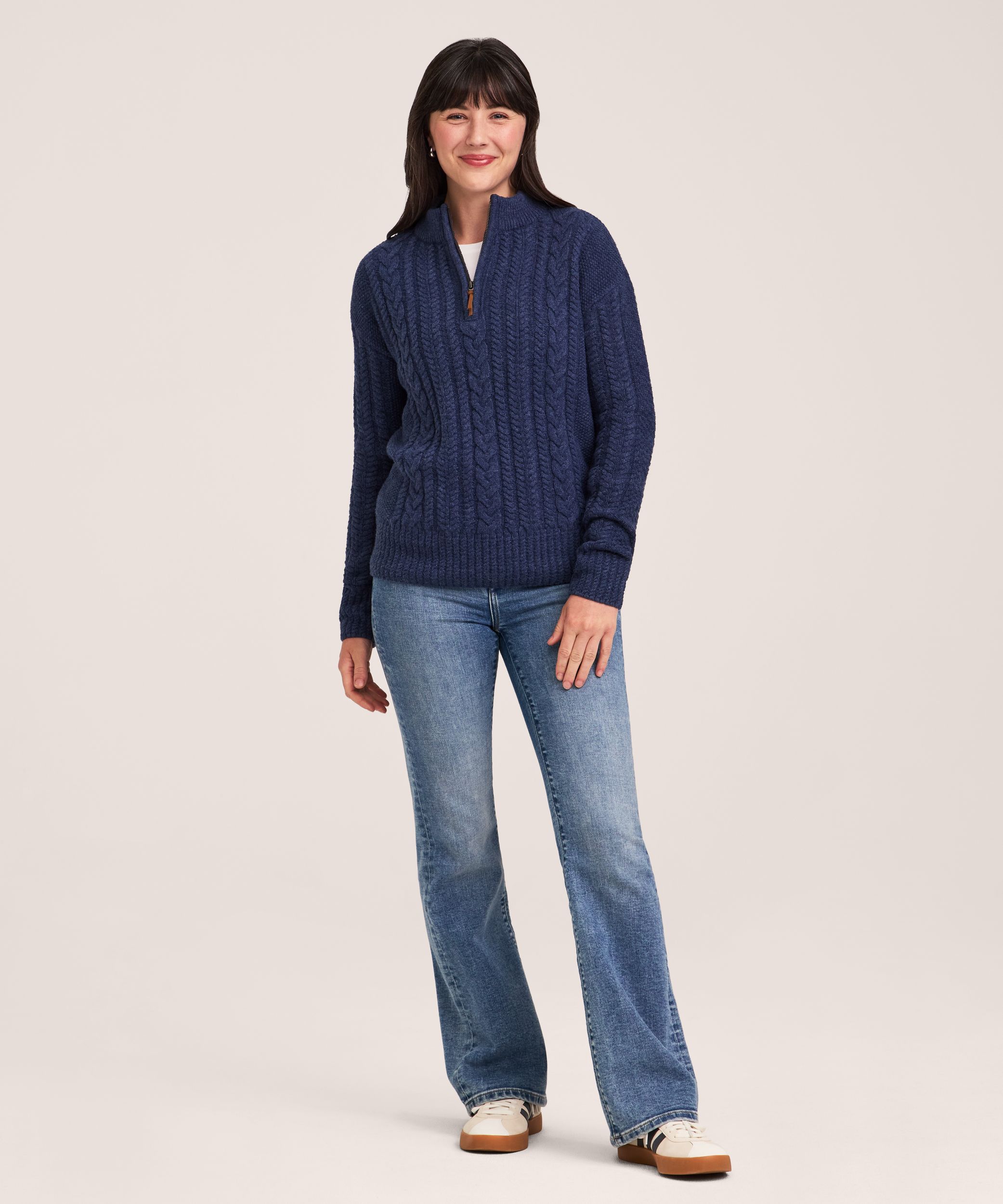 Chandail à glissière 1/4 en mélange de coton à point de torsade pour femmes, WindRiver