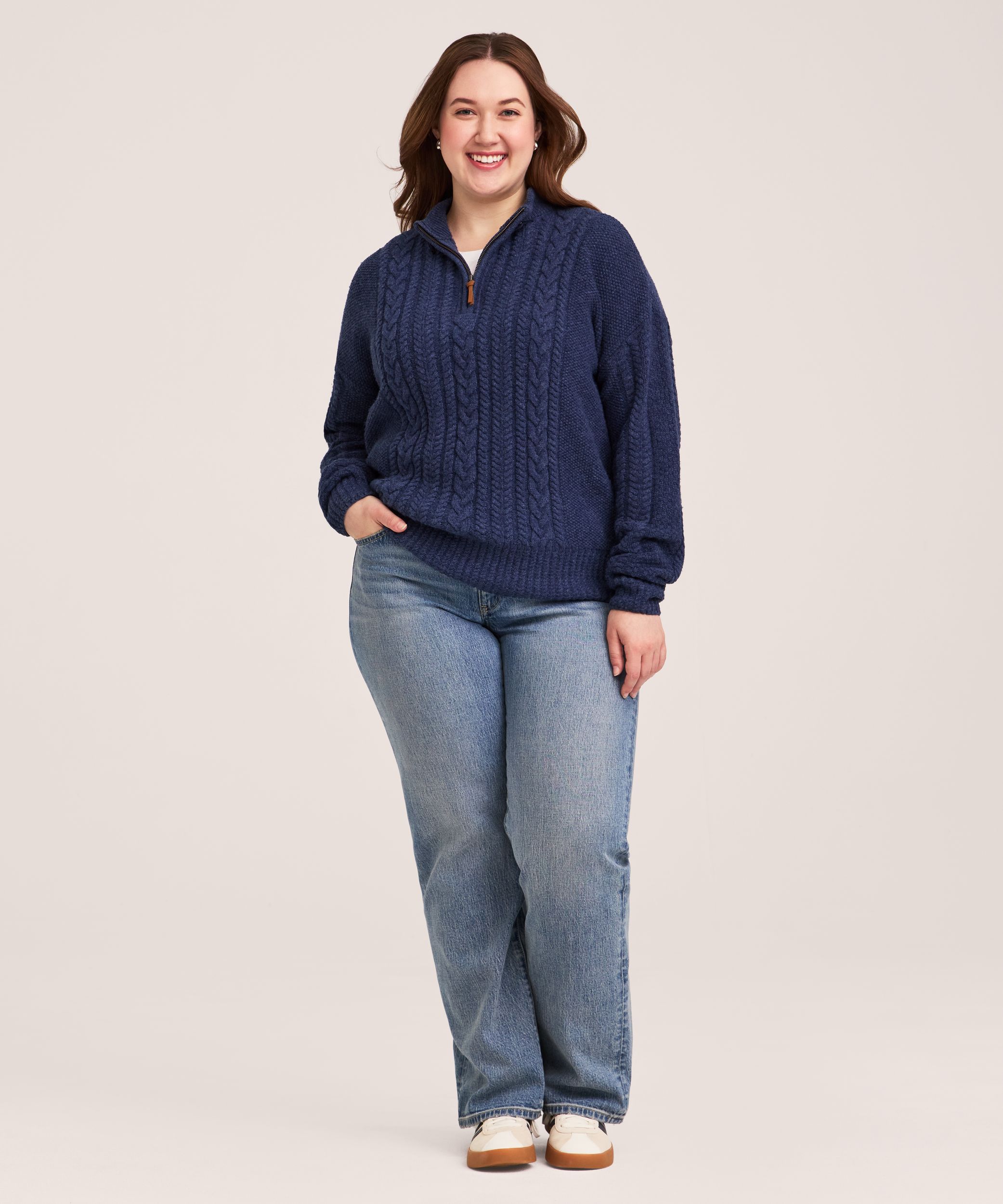 Chandail à glissière 1/4 en mélange de coton à point de torsade pour femmes, WindRiver