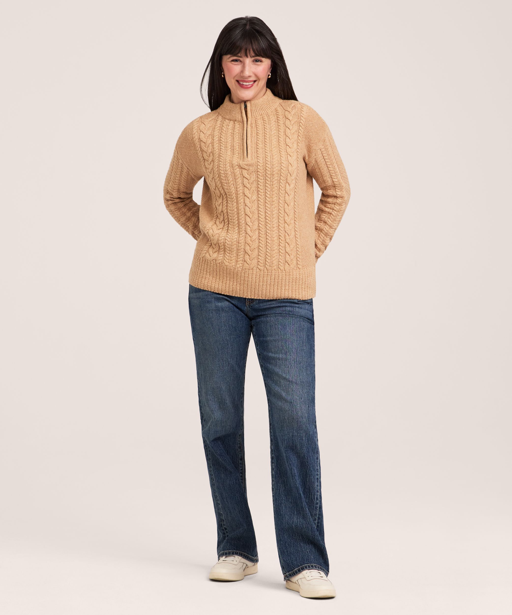 Chandail à glissière 1/4 en mélange de coton à point de torsade pour femmes, WindRiver