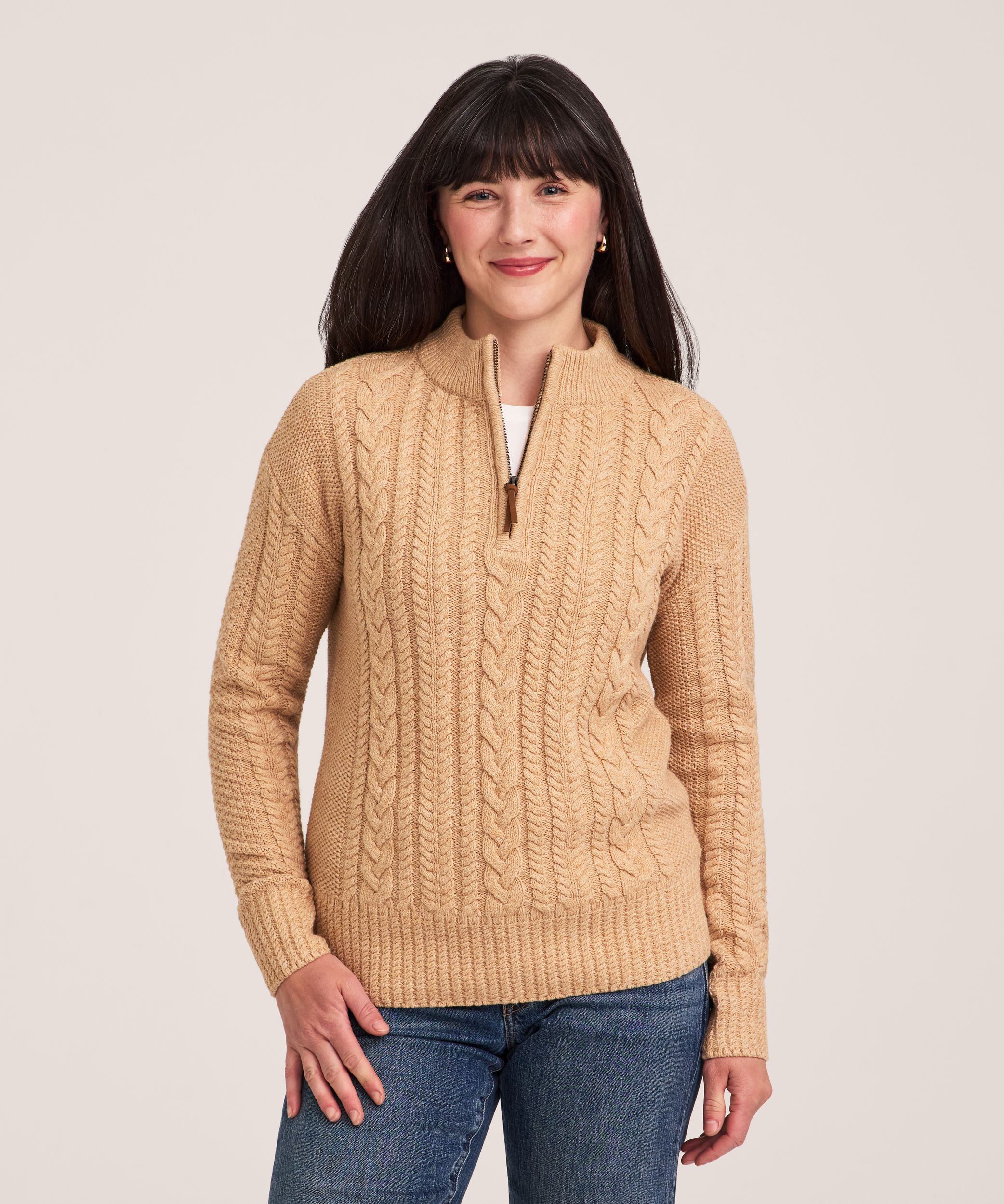 Chandail à glissière 1/4 en mélange de coton à point de torsade pour femmes, WindRiver