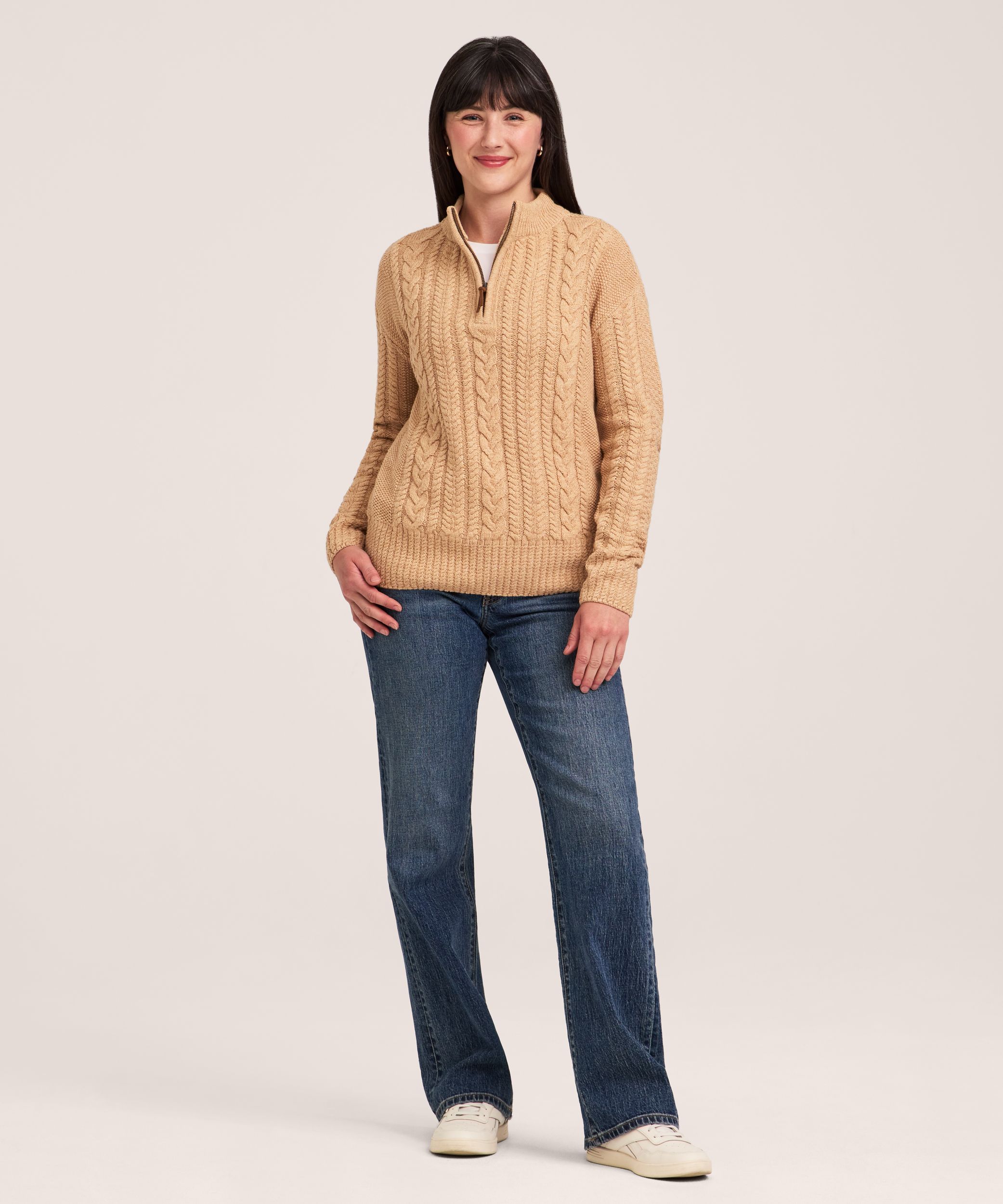 Chandail à glissière 1/4 en mélange de coton à point de torsade pour femmes, WindRiver