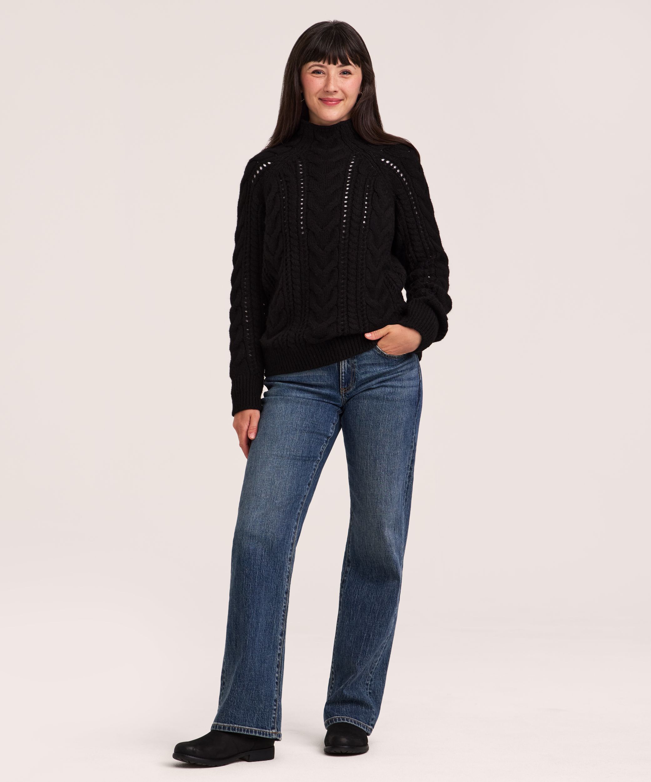 Chandail en mélange de laine à motif torsadé ajouré et à col cheminée pour femmes, Denver Hayes