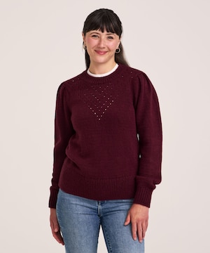 Denver Hayes Women's Soft Cozy Puff Sleeve Pointelle Stitch Pullover Sweater
