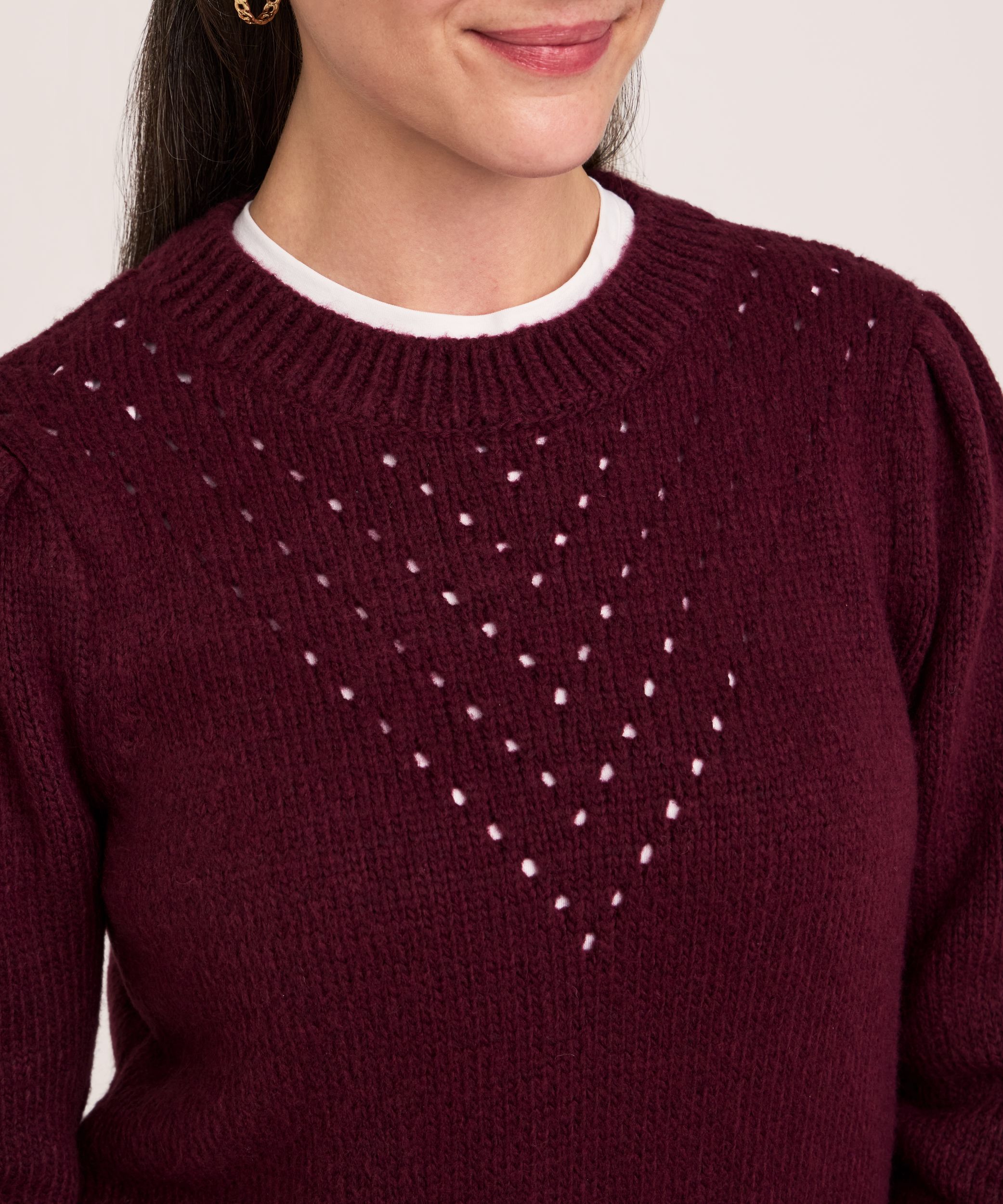 Denver Hayes Women's Soft Cozy Puff Sleeve Pointelle Stitch Pullover Sweater