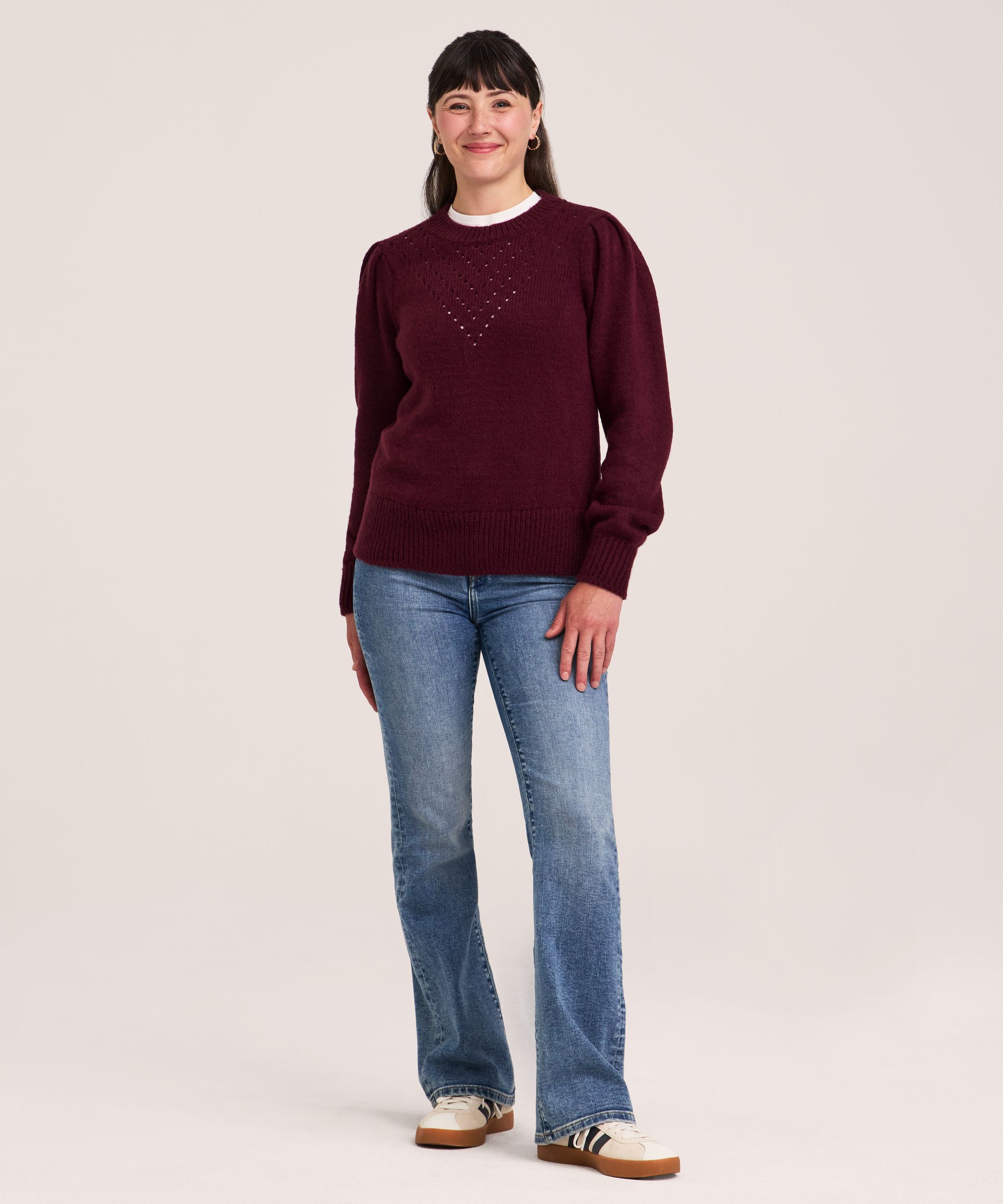 Denver Hayes Women's Soft Cozy Puff Sleeve Pointelle Stitch Pullover Sweater