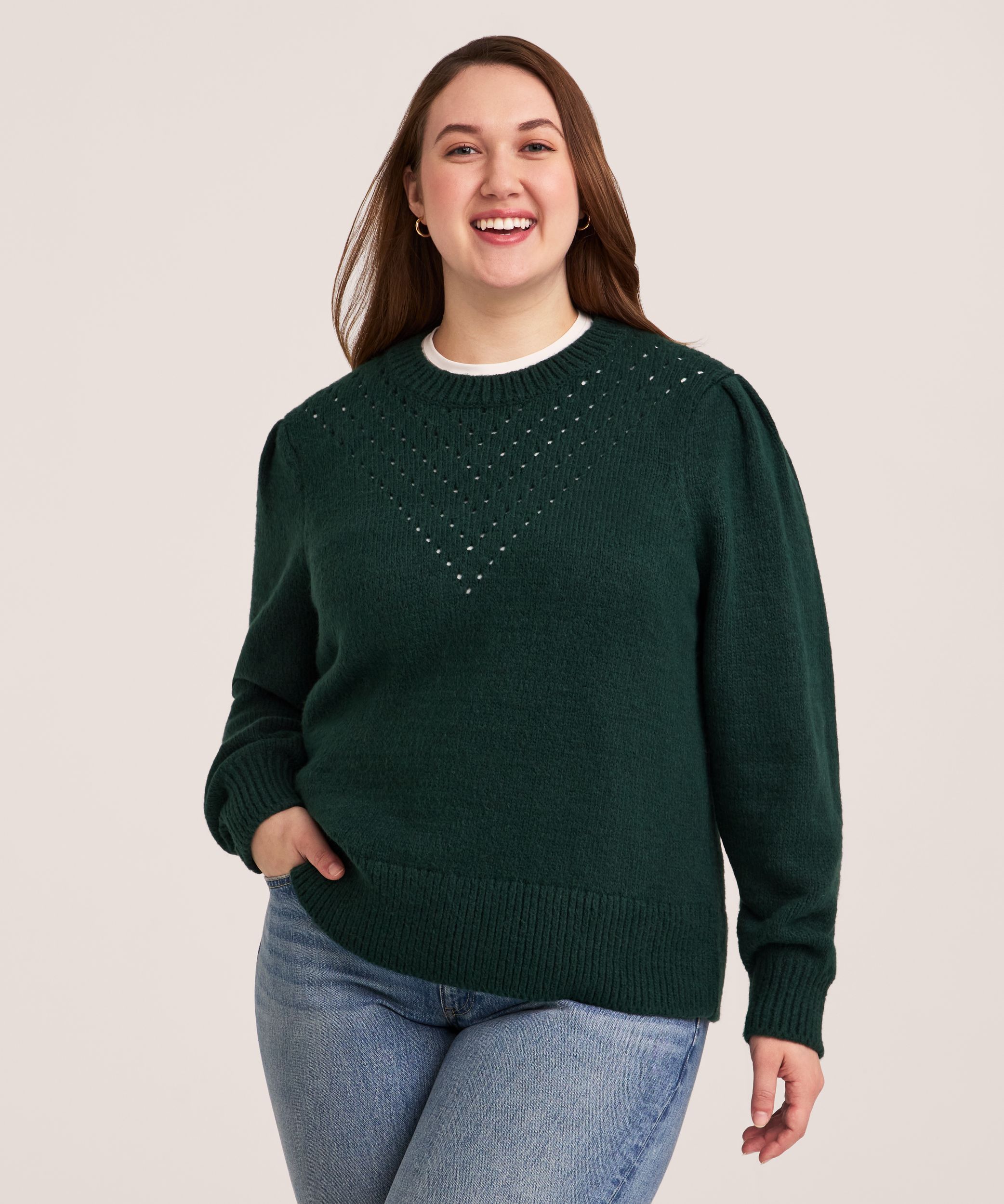 Denver Hayes Women's Soft Cozy Puff Sleeve Pointelle Stitch Pullover Sweater