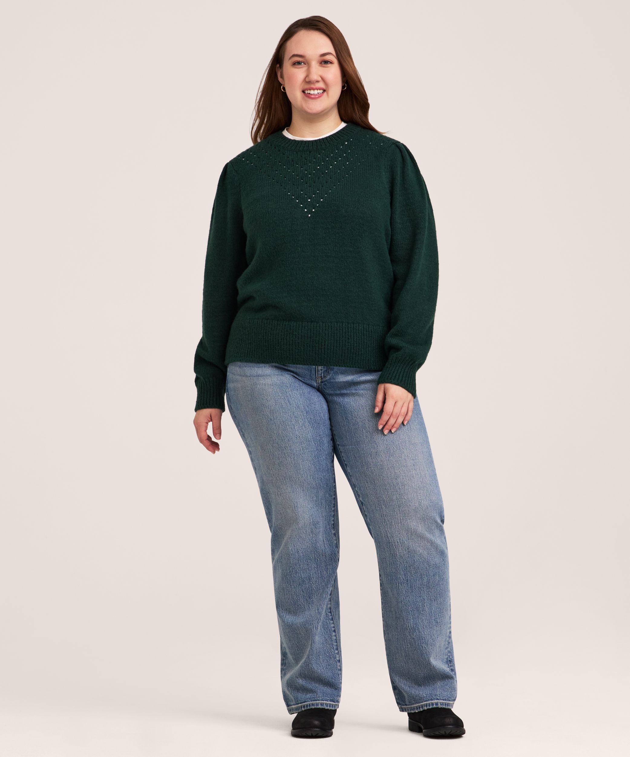 Denver Hayes Women's Soft Cozy Puff Sleeve Pointelle Stitch Pullover Sweater