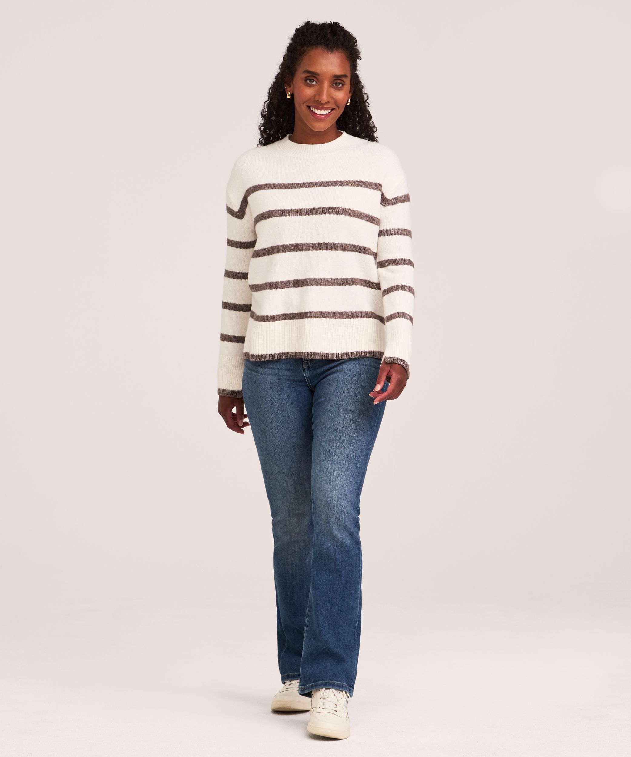 Denver Hayes Women's Soft Cozy Mockneck Boxy Stripe Pullover Sweater