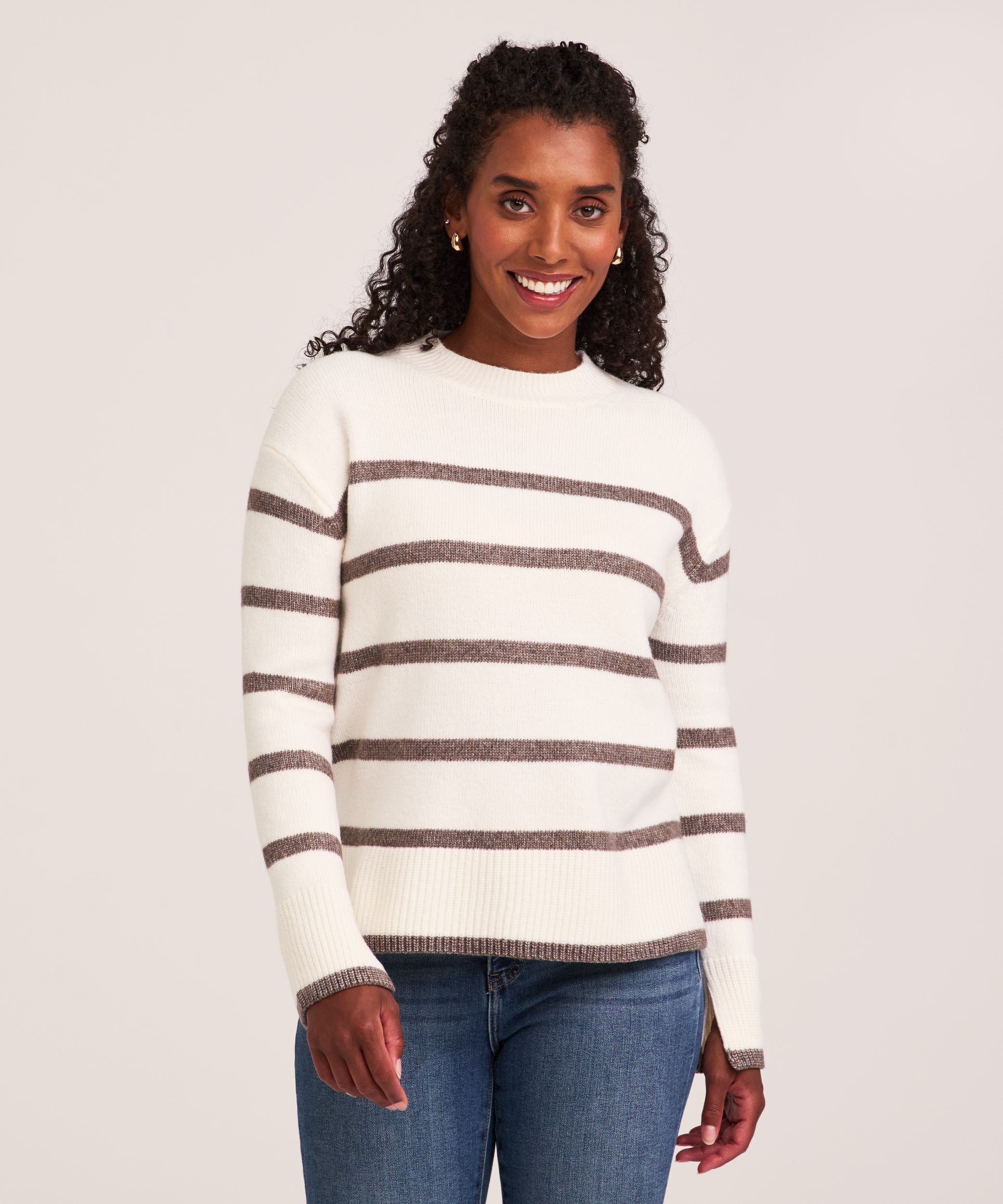 Denver Hayes Women's Soft Cozy Mockneck Boxy Stripe Pullover Sweater