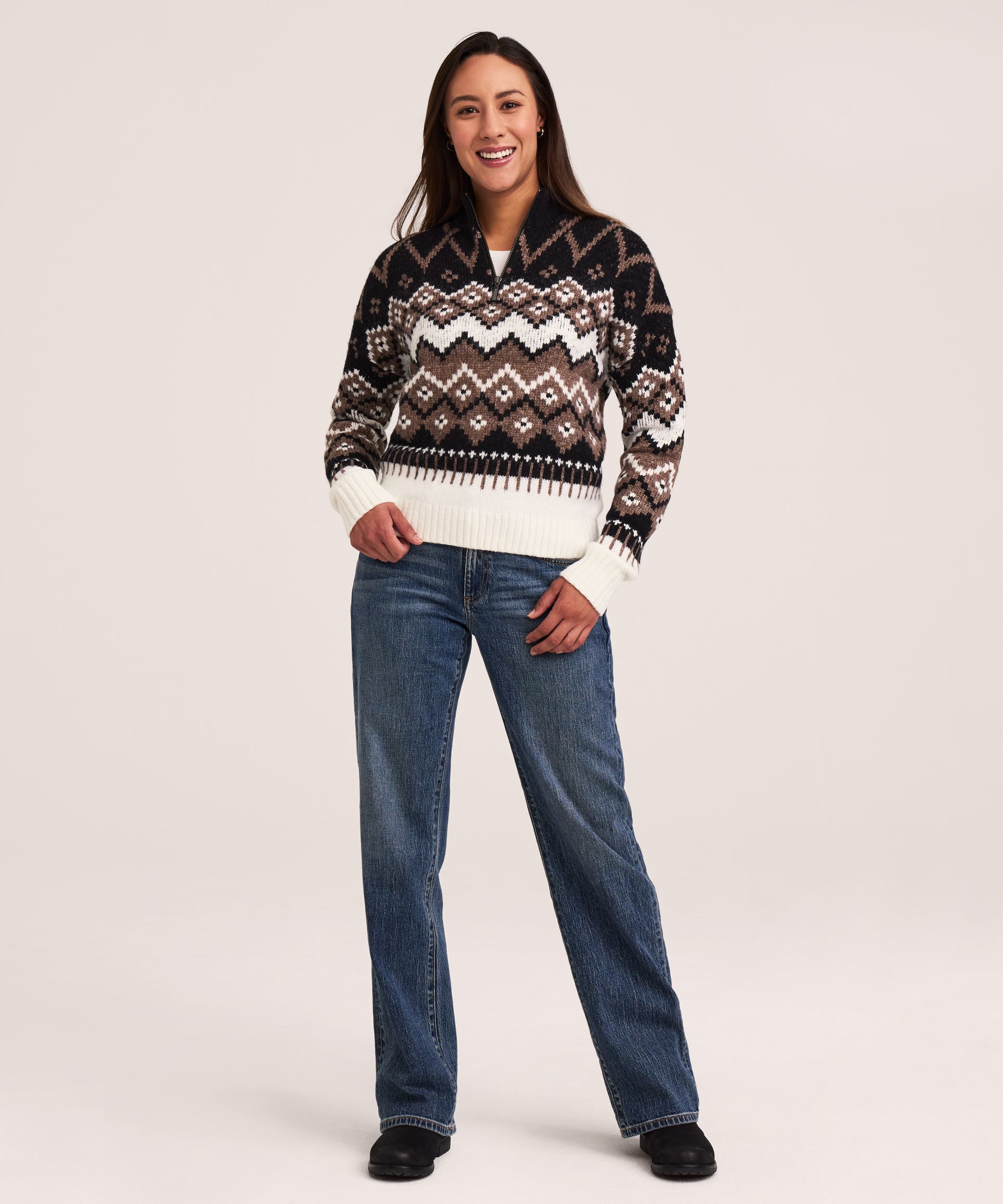 Chandail à motif jacquard, à glissière 1/4 et à col cheminée pour femmes, Heritage, WindRiver Front_Flat