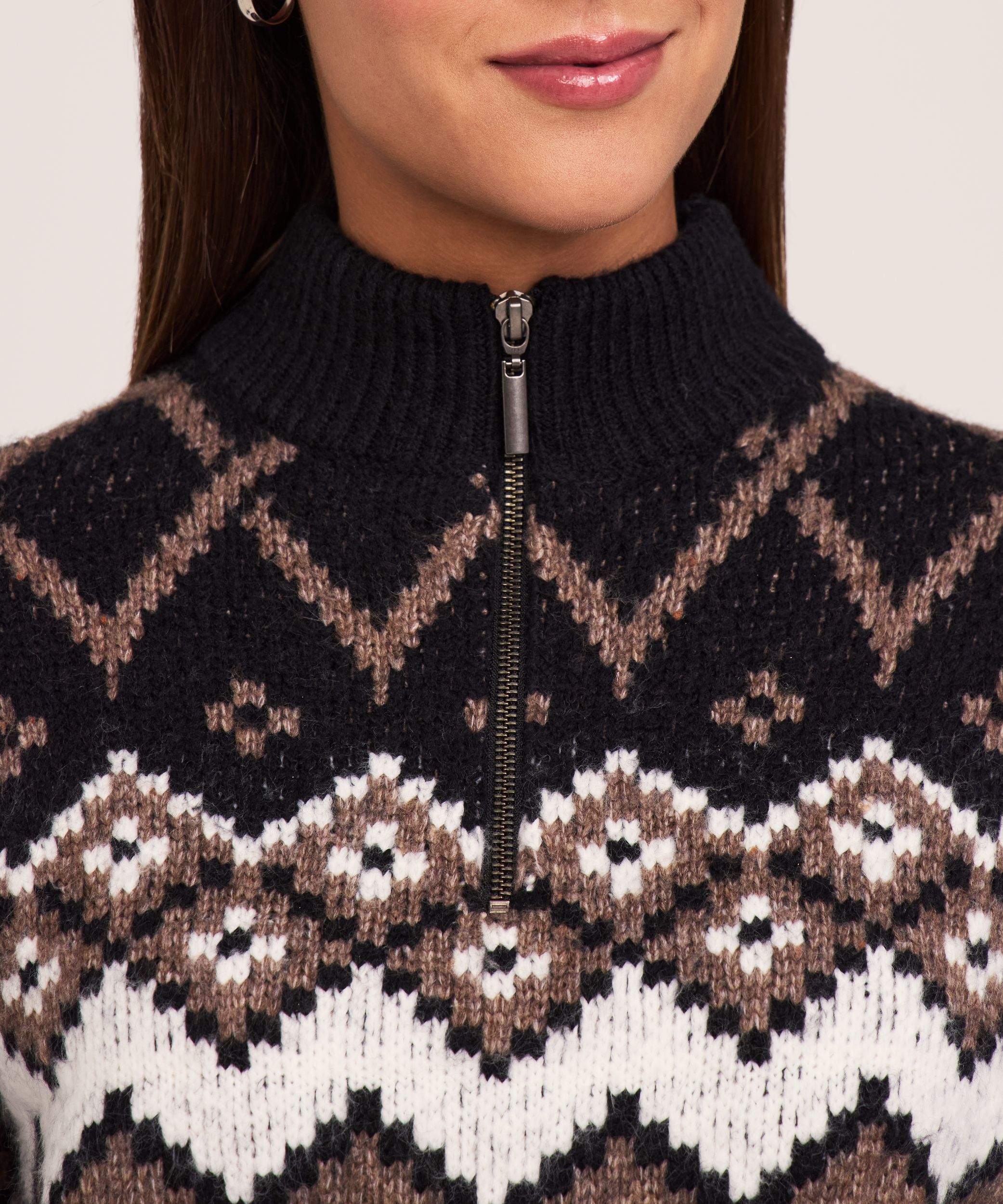 Chandail à motif jacquard, à glissière 1/4 et à col cheminée pour femmes, Heritage, WindRiver CloseUp