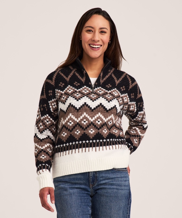 Chandail à motif jacquard, à glissière 1/4 et à col cheminée pour femmes, Heritage, WindRiver