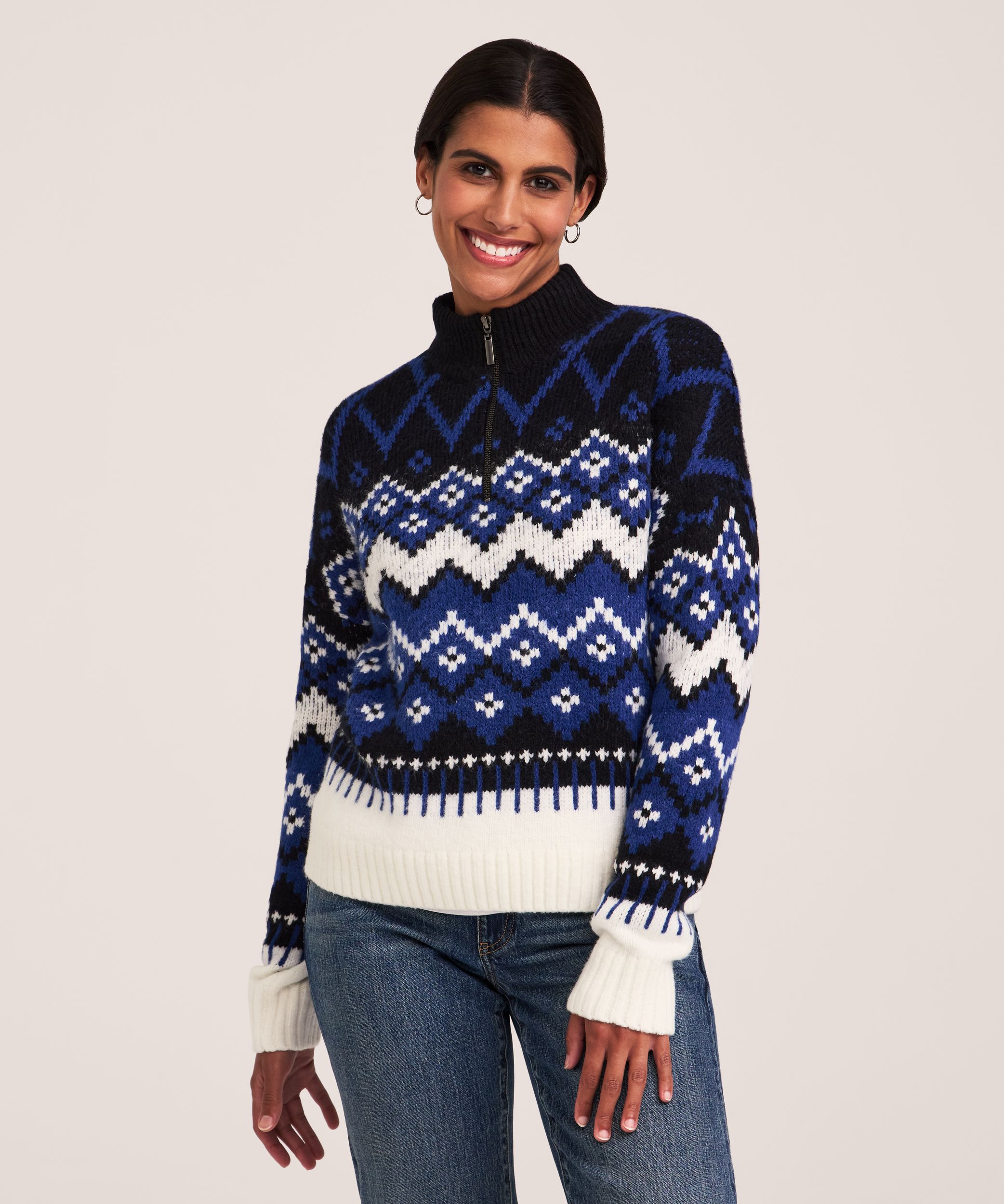 WindRiver Women's Heritage Mock Neck 1/4 Zip Jacquard Pullover Sweater