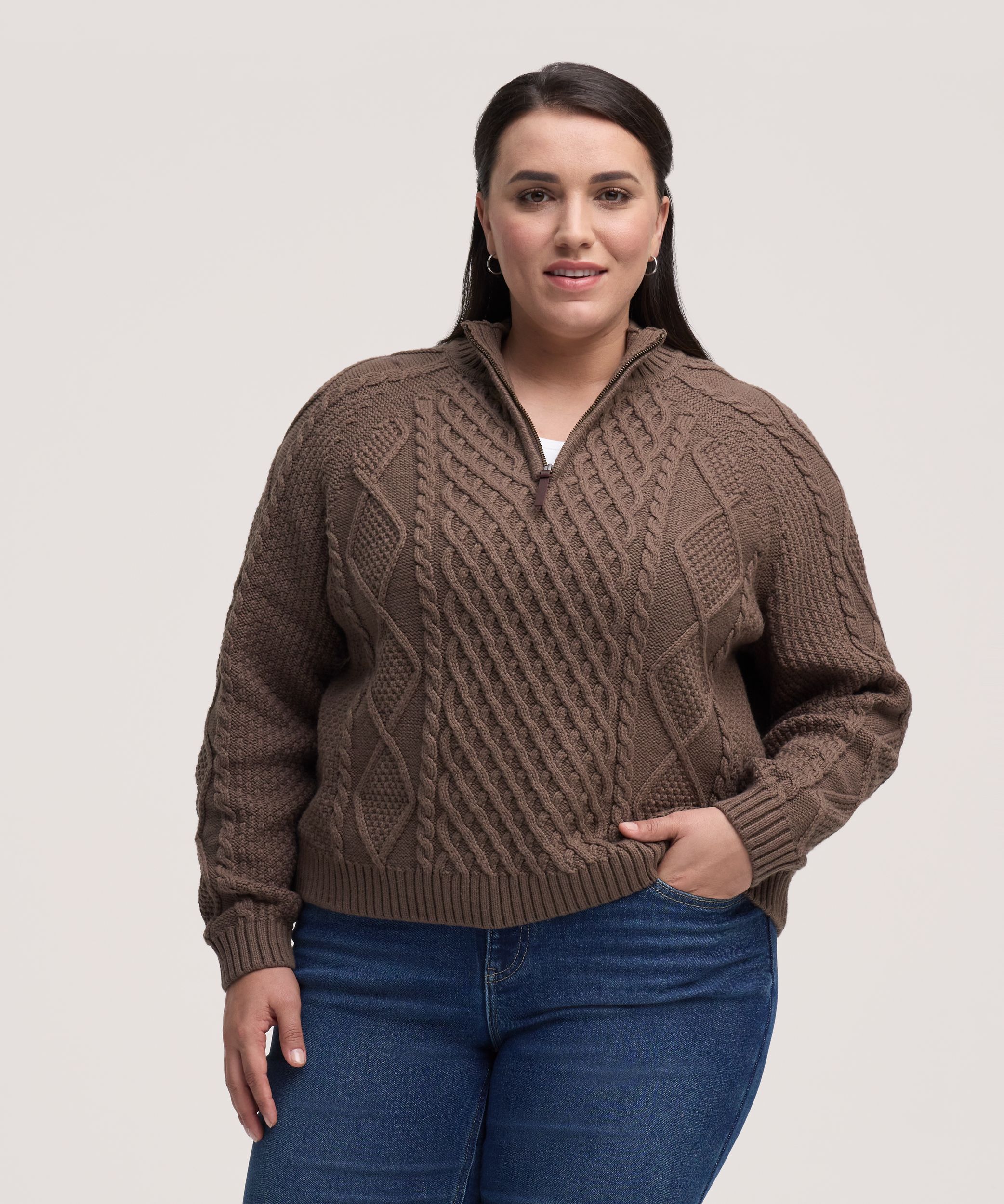 Chandail à enfiler à maille torsadée en mélange de coton avec glissière 1/4 pour femmes, WindRiver