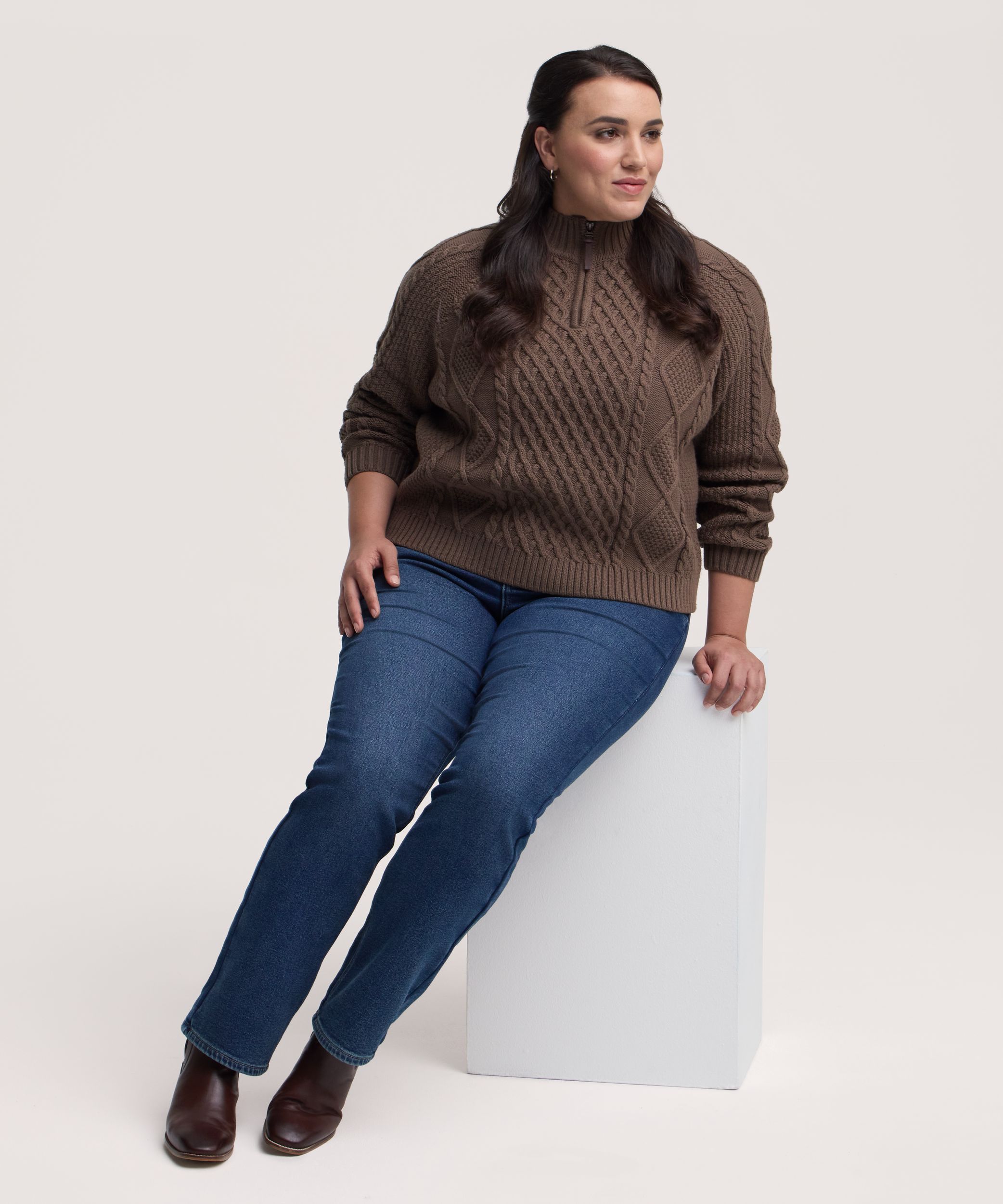 Chandail à enfiler à maille torsadée en mélange de coton avec glissière 1/4 pour femmes, WindRiver