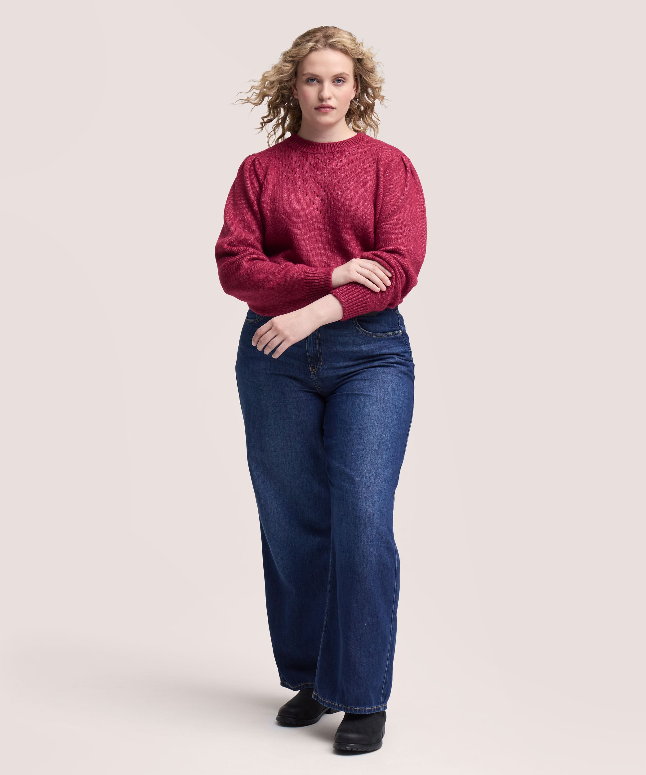 Denver Hayes Women's Long Sleeve Puff Sleeve Pointelle Sweater