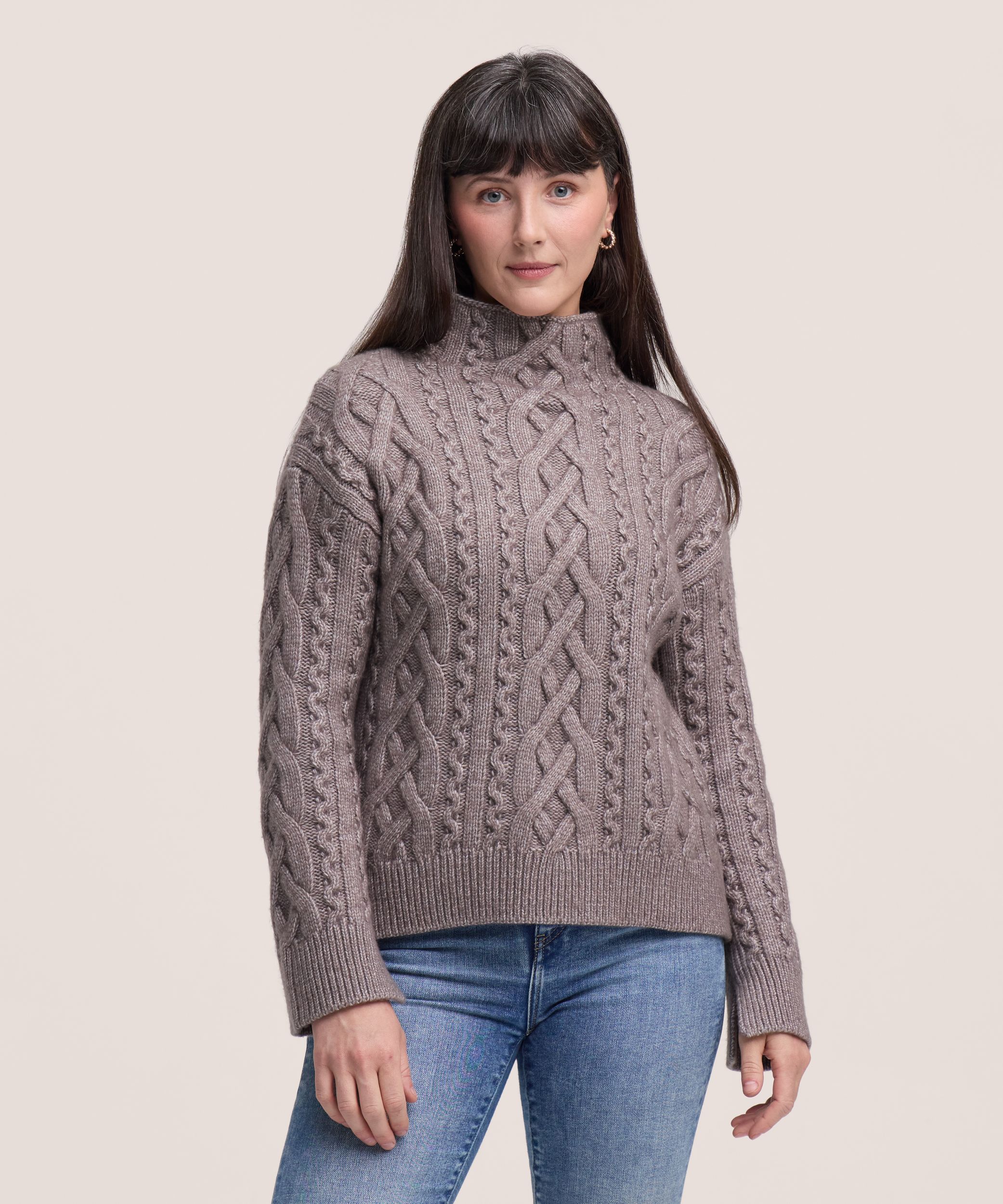 Chandail style smoking à maille torsadée et col cheminée pour femmes, Denver Hayes