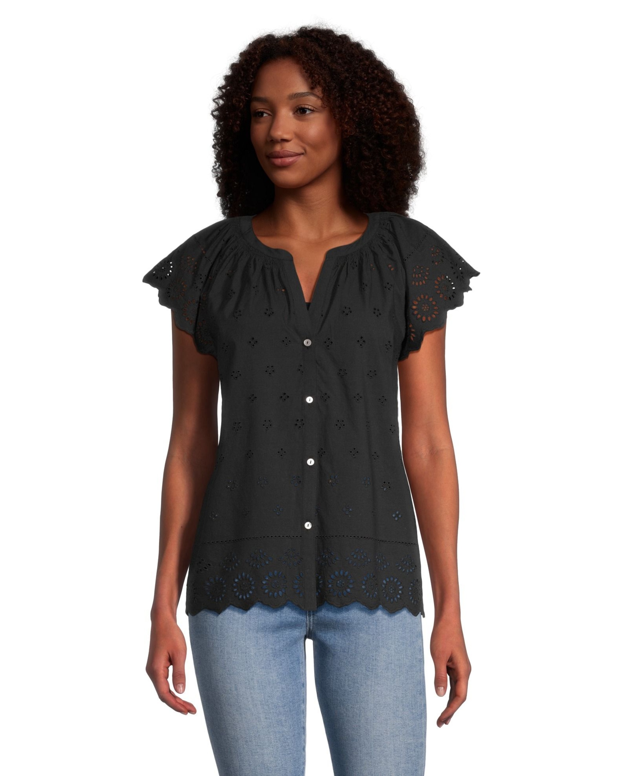 Denver Hayes Women's Embroidered Semi-Fitted Eyelet Cotton Blouse | Marks