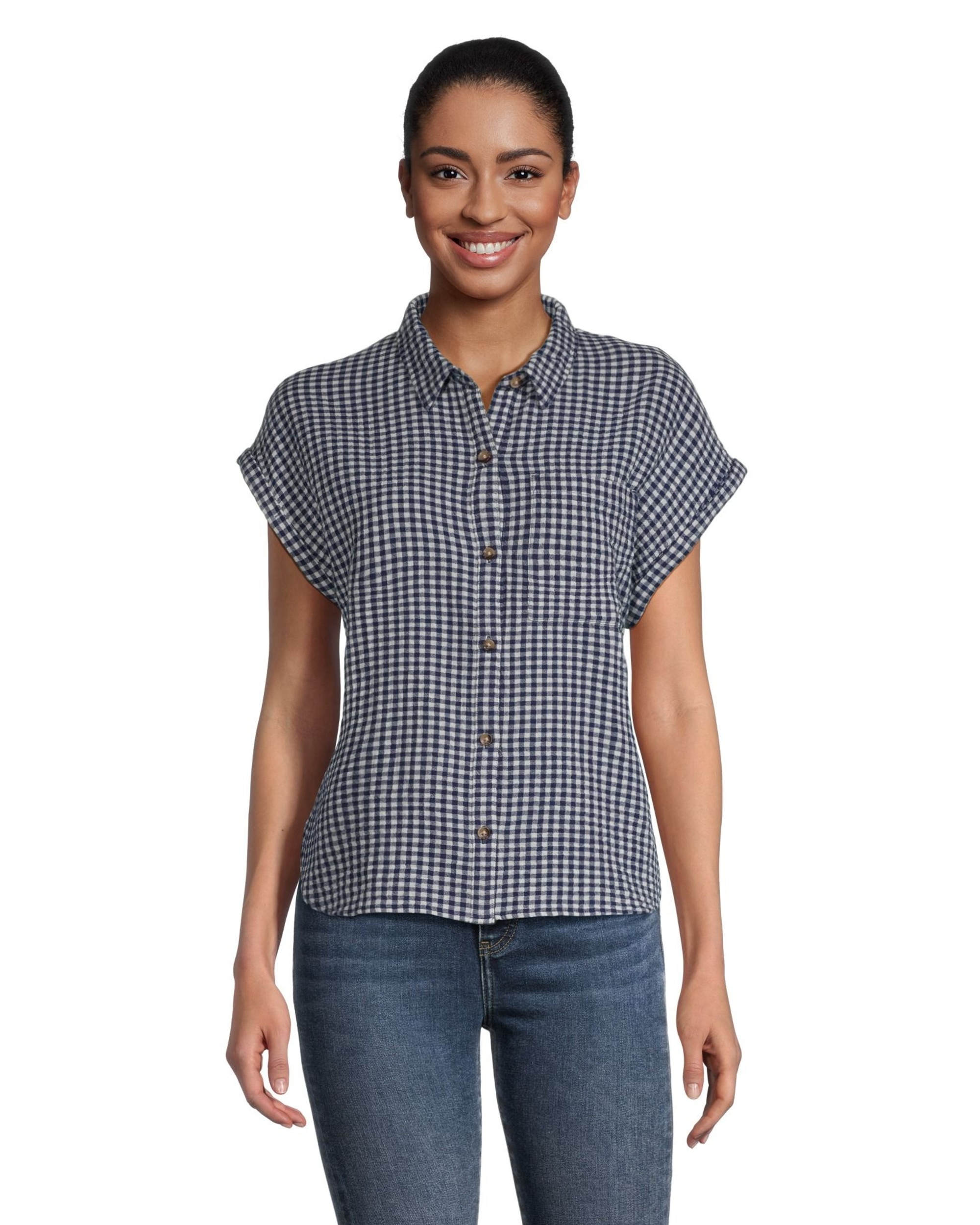 Denver Hayes Women's Short Sleeve Double Gauze Button Up Shirt Marks