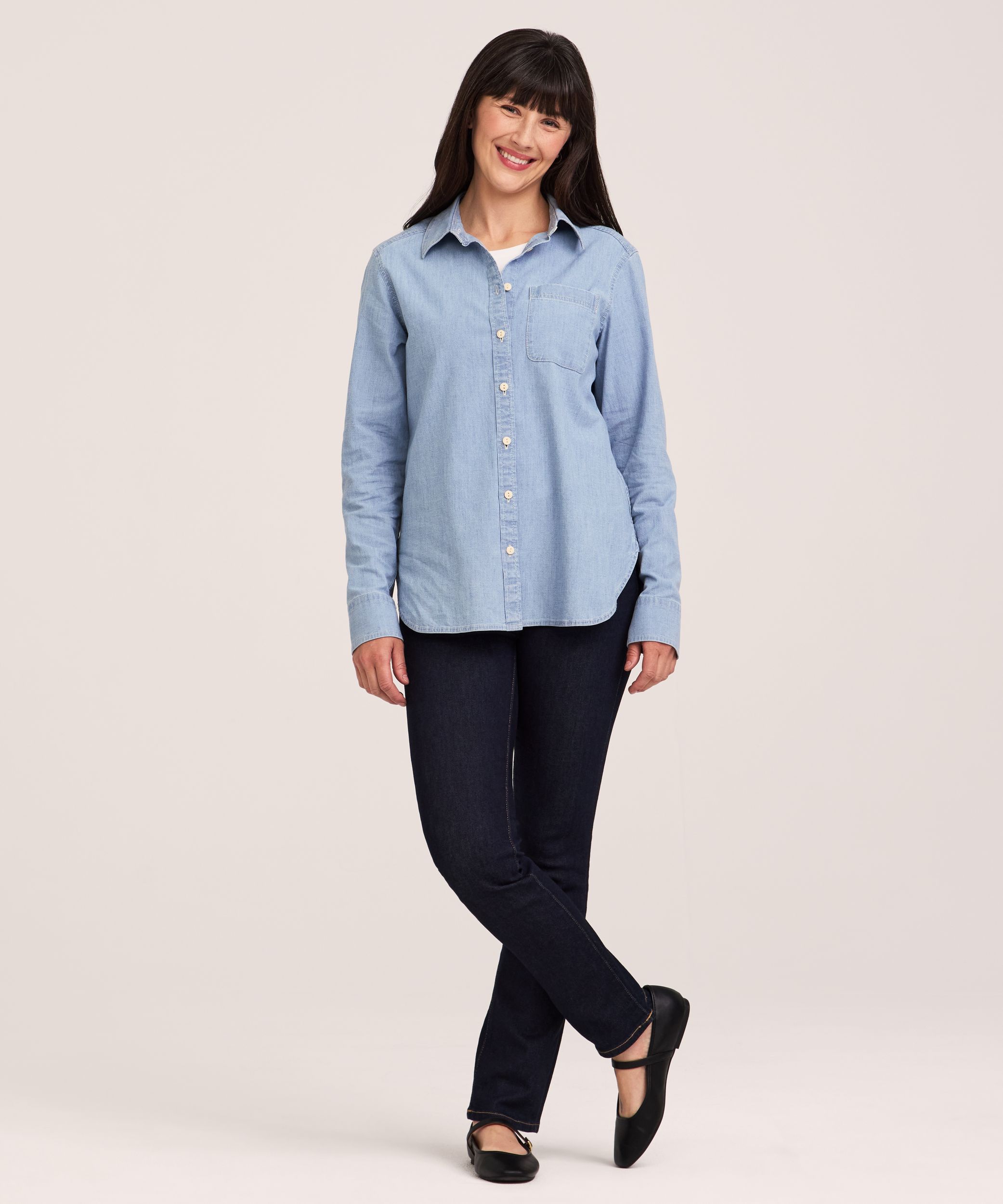 Denver Hayes Women's Long Sleeve Semi-Fitted Button Up Chambray Shirt