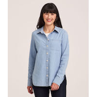 Denver Hayes Women's Long Sleeve Semi-Fitted Button Up Chambray Shirt Front_Flat
