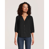 Denver Hayes Women's Hammered Weave Button Up 3Q Sleeve Blouse Front_Flat