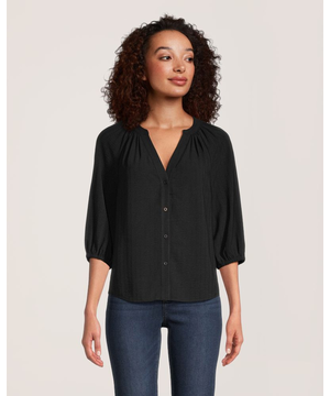 Denver Hayes Women's Hammered Weave Button Up 3Q Sleeve Blouse